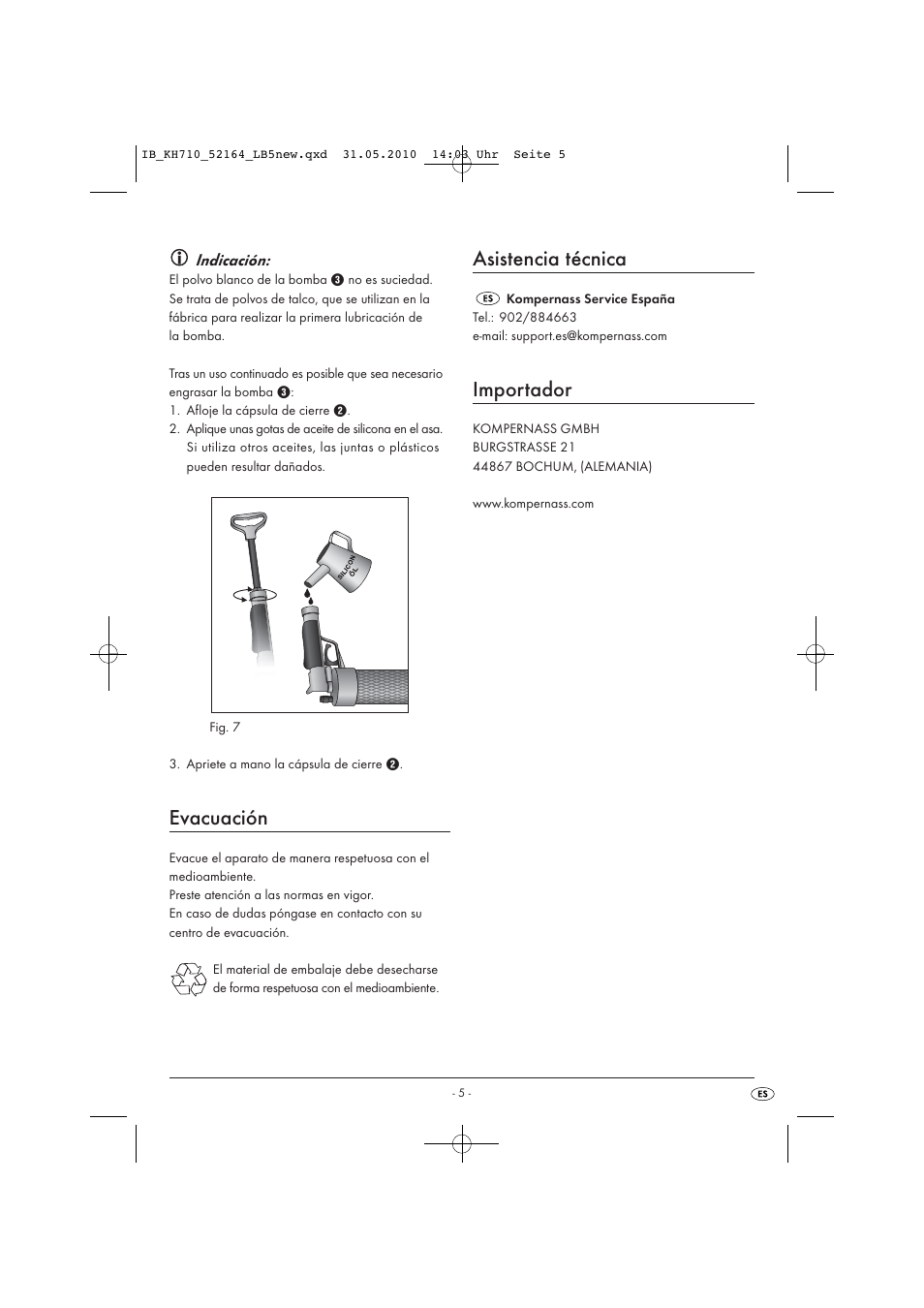 Evacuación, Asistencia técnica, Importador | Powerfix KH 710 User Manual | Page 7 / 31