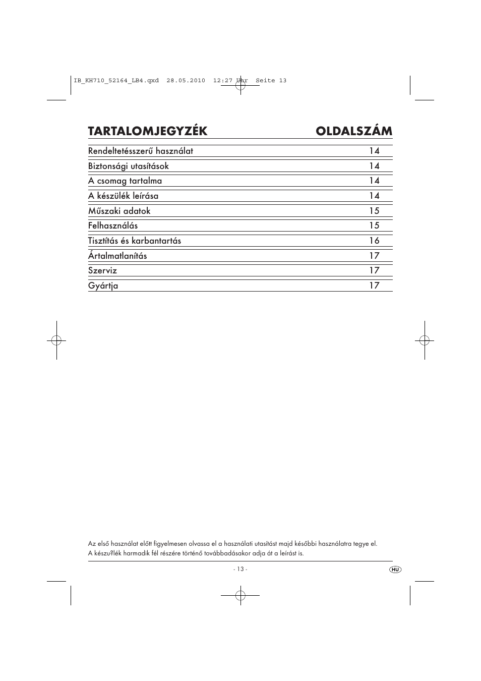 Tartalomjegyzék oldalszám | Powerfix KH 710 User Manual | Page 15 / 49