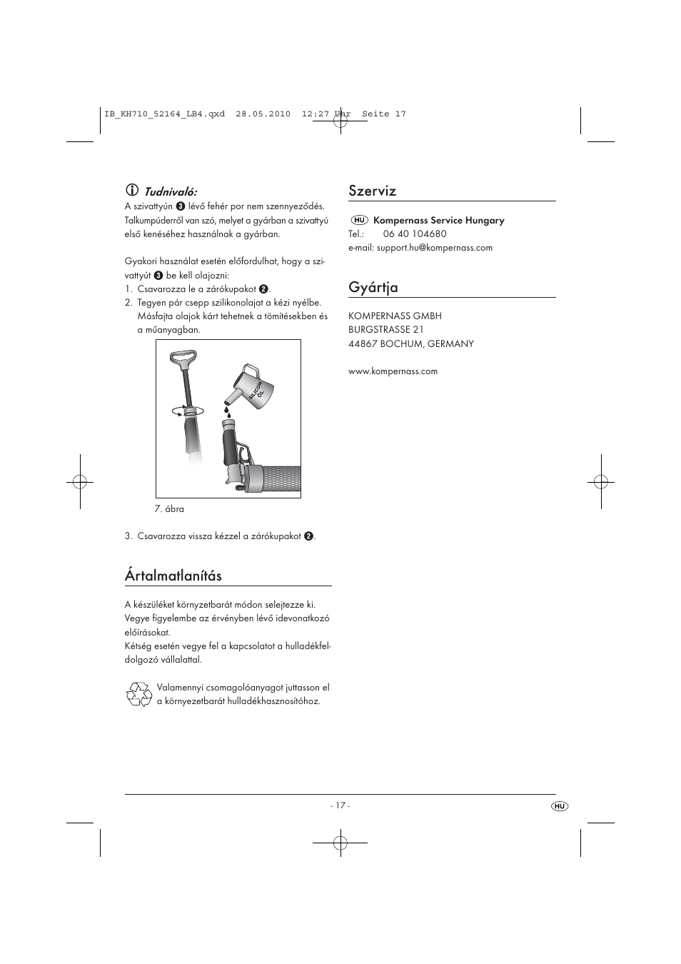 Ártalmatlanítás, Szerviz, Gyártja | Powerfix KH 710 User Manual | Page 19 / 49