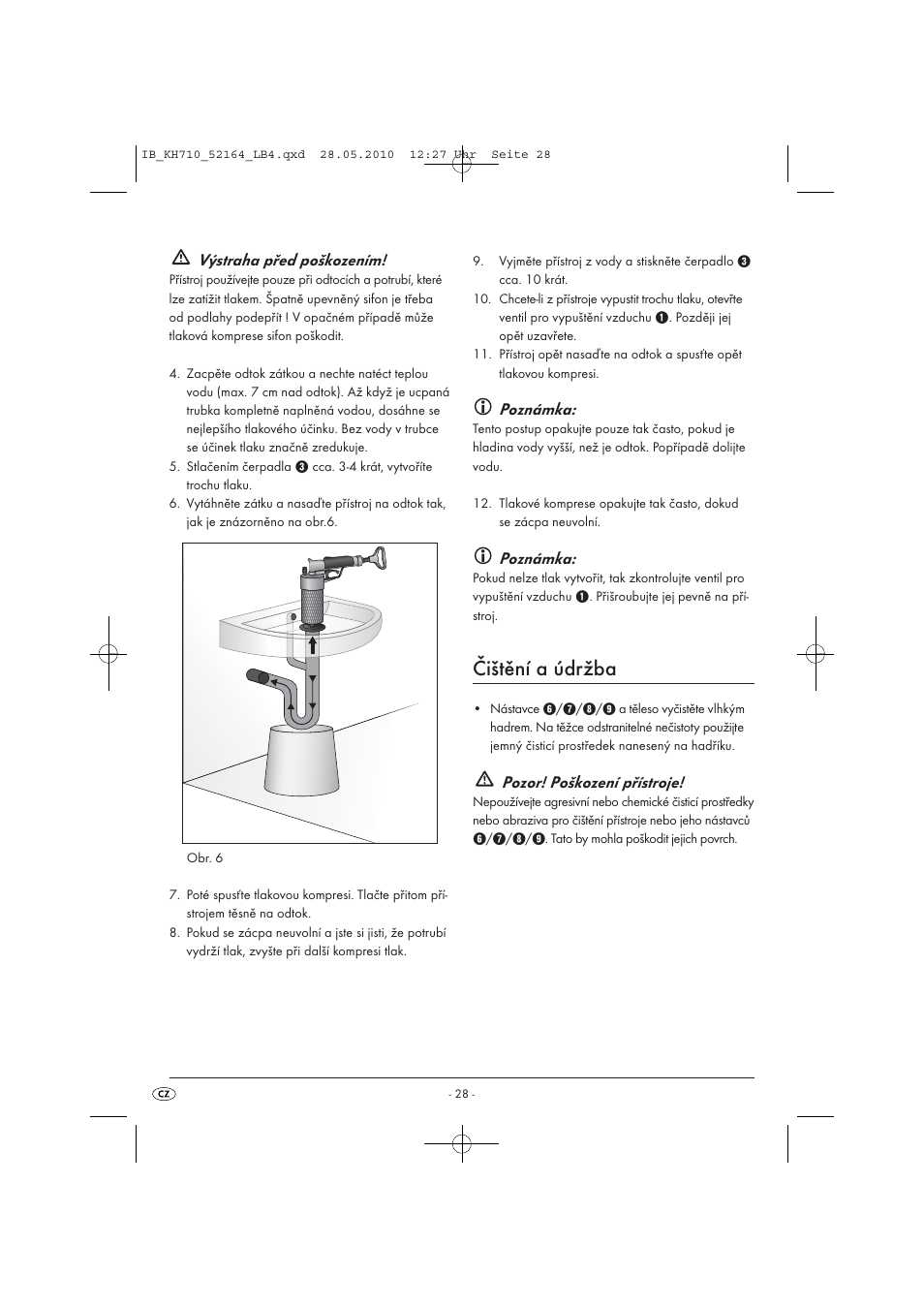 Čištění a údržba, Výstraha před poškozením, Poznámka | Pozor! poškození přístroje | Powerfix KH 710 User Manual | Page 30 / 49