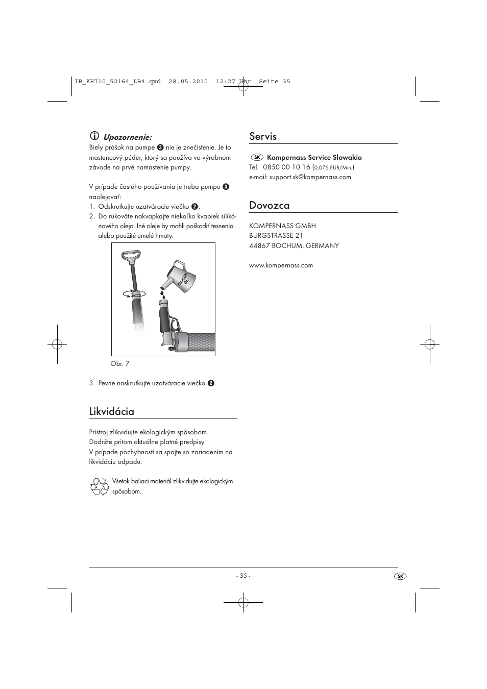 Likvidácia, Servis, Dovozca | Upozornenie | Powerfix KH 710 User Manual | Page 37 / 49