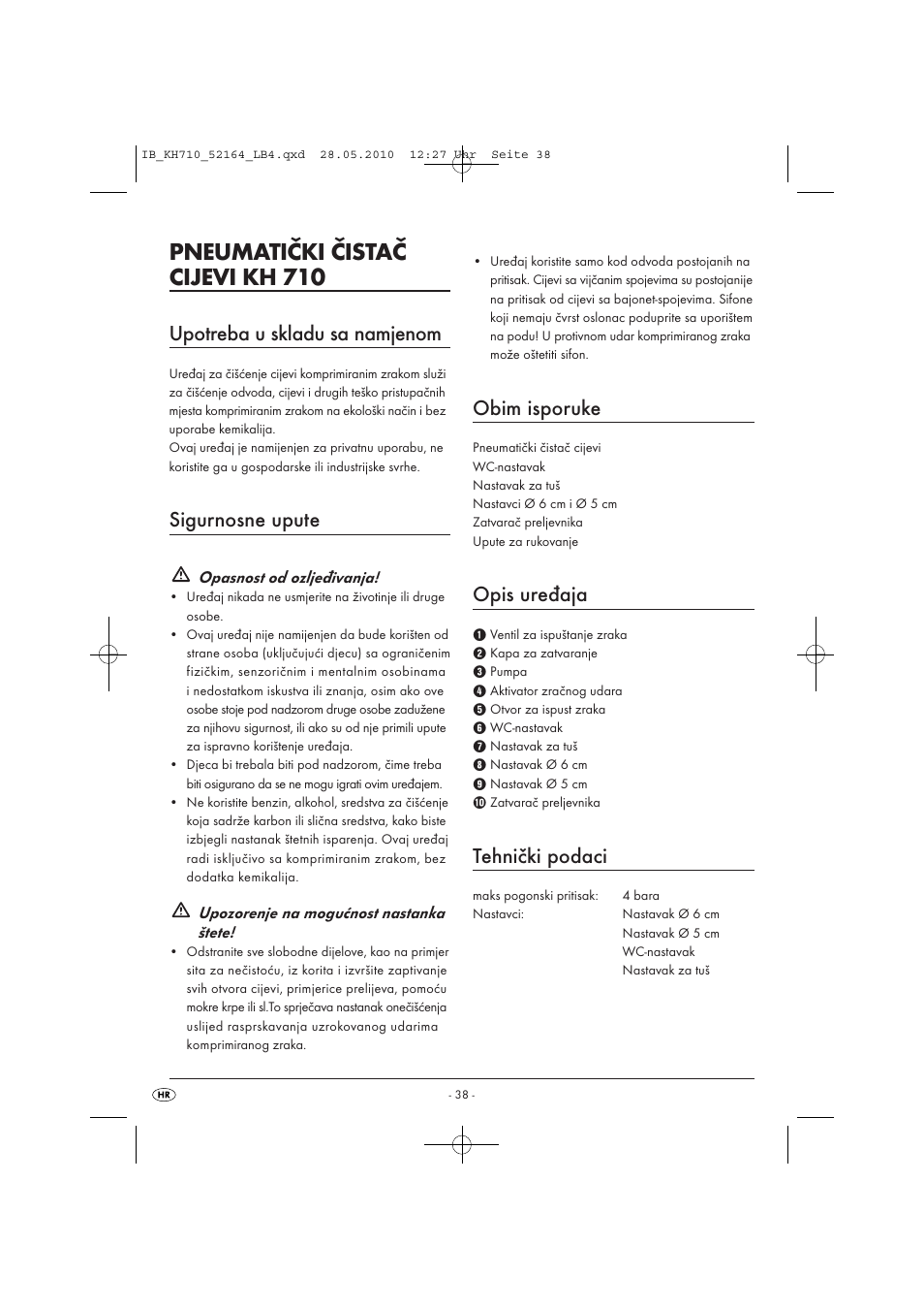 Pneumatički čistač cijevi kh 710, Upotreba u skladu sa namjenom, Sigurnosne upute | Obim isporuke, Opis uređaja, Tehnički podaci | Powerfix KH 710 User Manual | Page 40 / 49