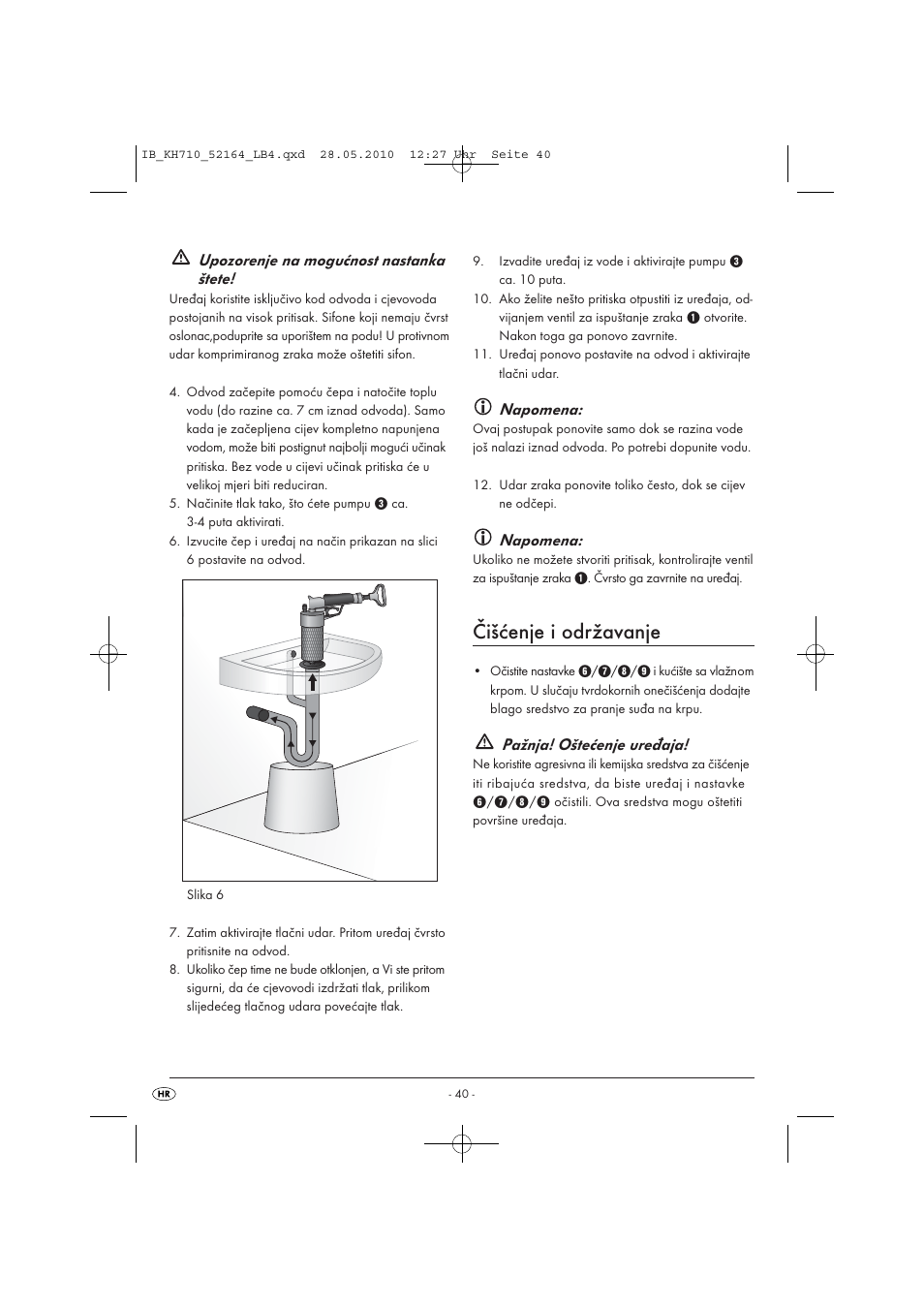 Čišćenje i održavanje, Upozorenje na mogućnost nastanka štete, Napomena | Pažnja! oštećenje uređaja | Powerfix KH 710 User Manual | Page 42 / 49