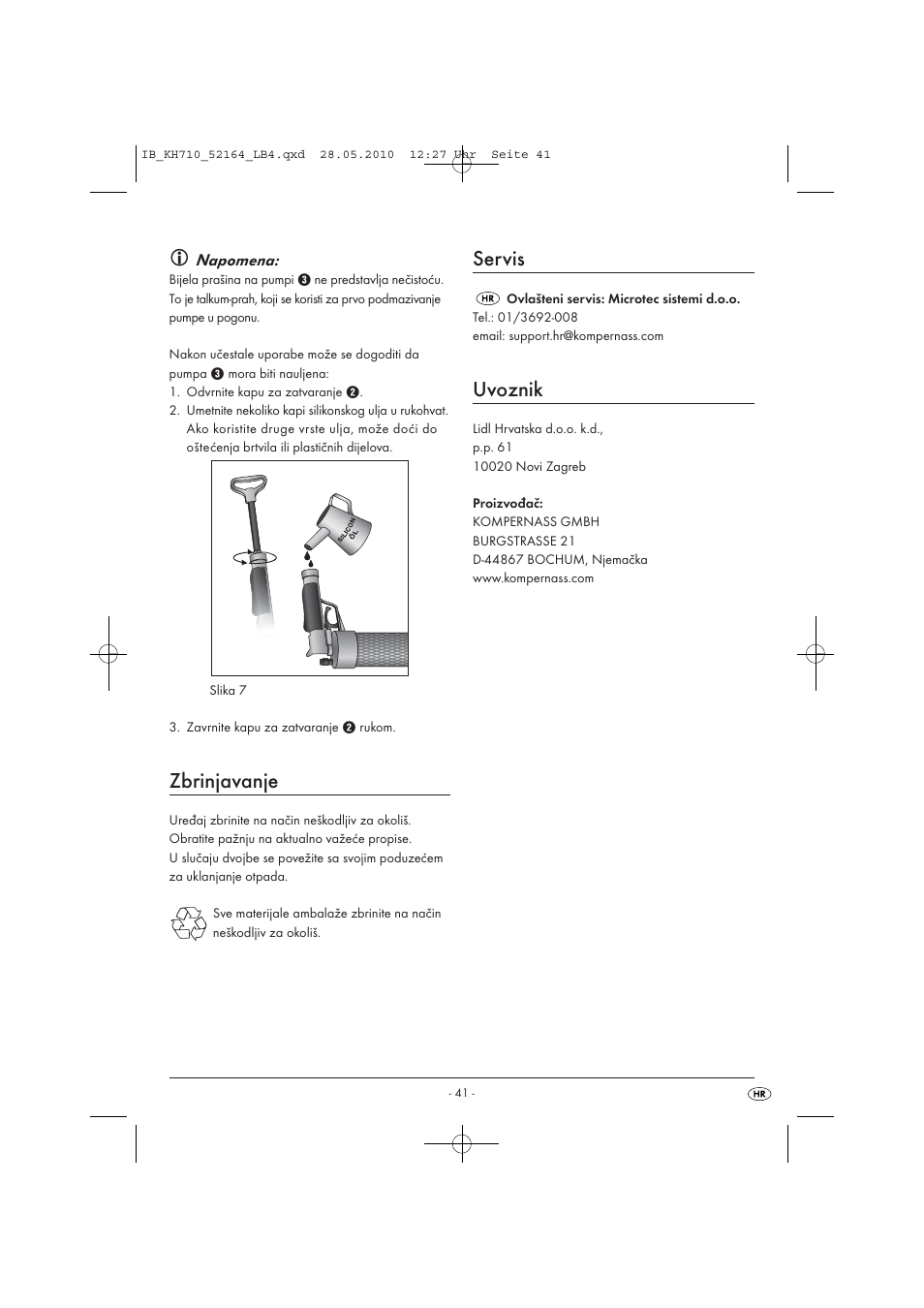 Zbrinjavanje, Servis, Uvoznik | Powerfix KH 710 User Manual | Page 43 / 49