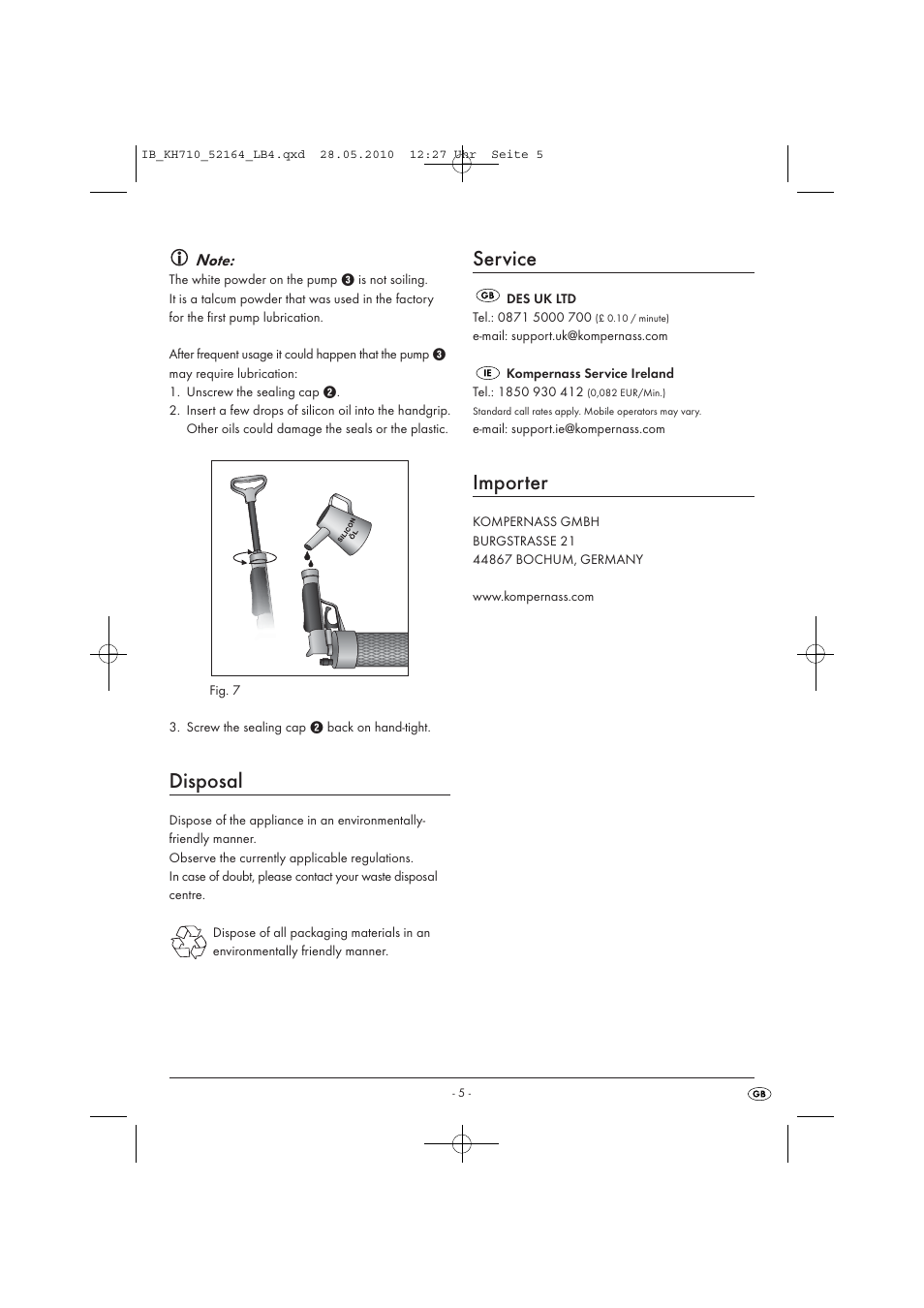 Disposal, Service, Importer | Powerfix KH 710 User Manual | Page 7 / 49