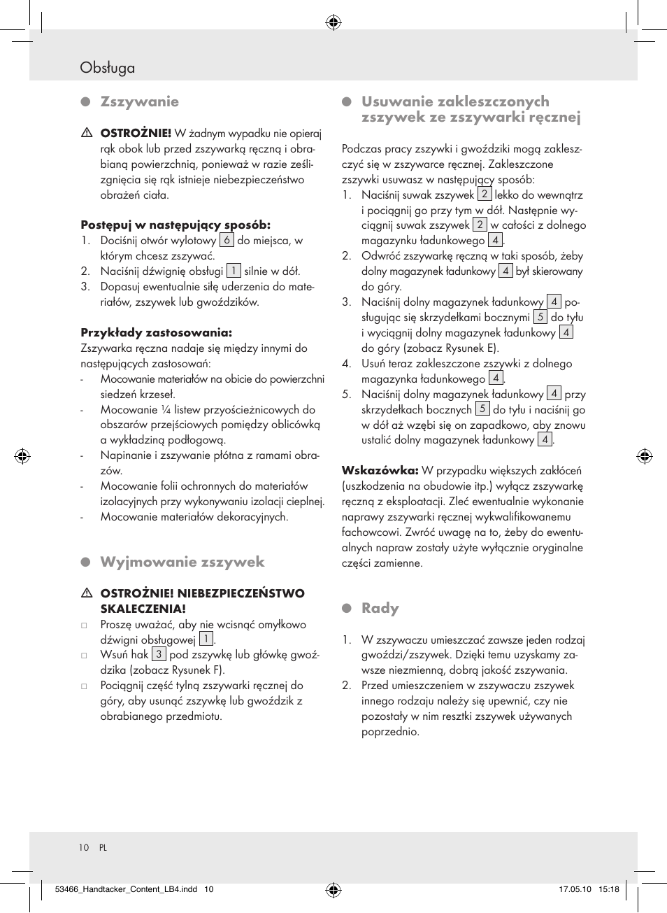 Obsługa, Zszywanie, Wyjmowaniezszywek | Rady | Powerfix  Z16531 User Manual | Page 10 / 27