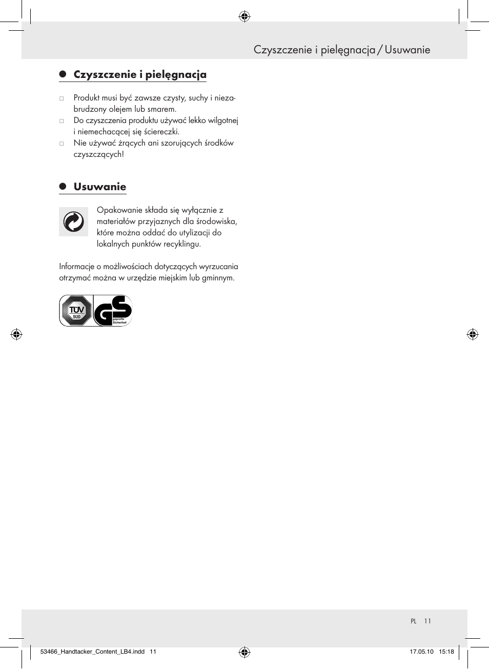 Czyszczenie i pielęgnacja / usuwanie, Czyszczenieipielęgnacja, Usuwanie | Powerfix  Z16531 User Manual | Page 11 / 27
