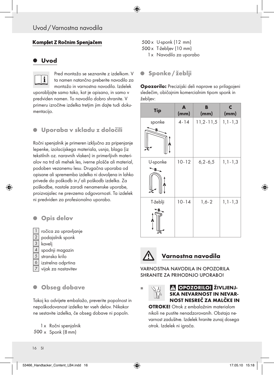 Uvod / varnostna navodila, Uvod, Uporabavskladuzdoločili | Opisdelov, Obsegdobave, Sponke/žeblji, Varnostnanavodila | Powerfix  Z16531 User Manual | Page 16 / 27