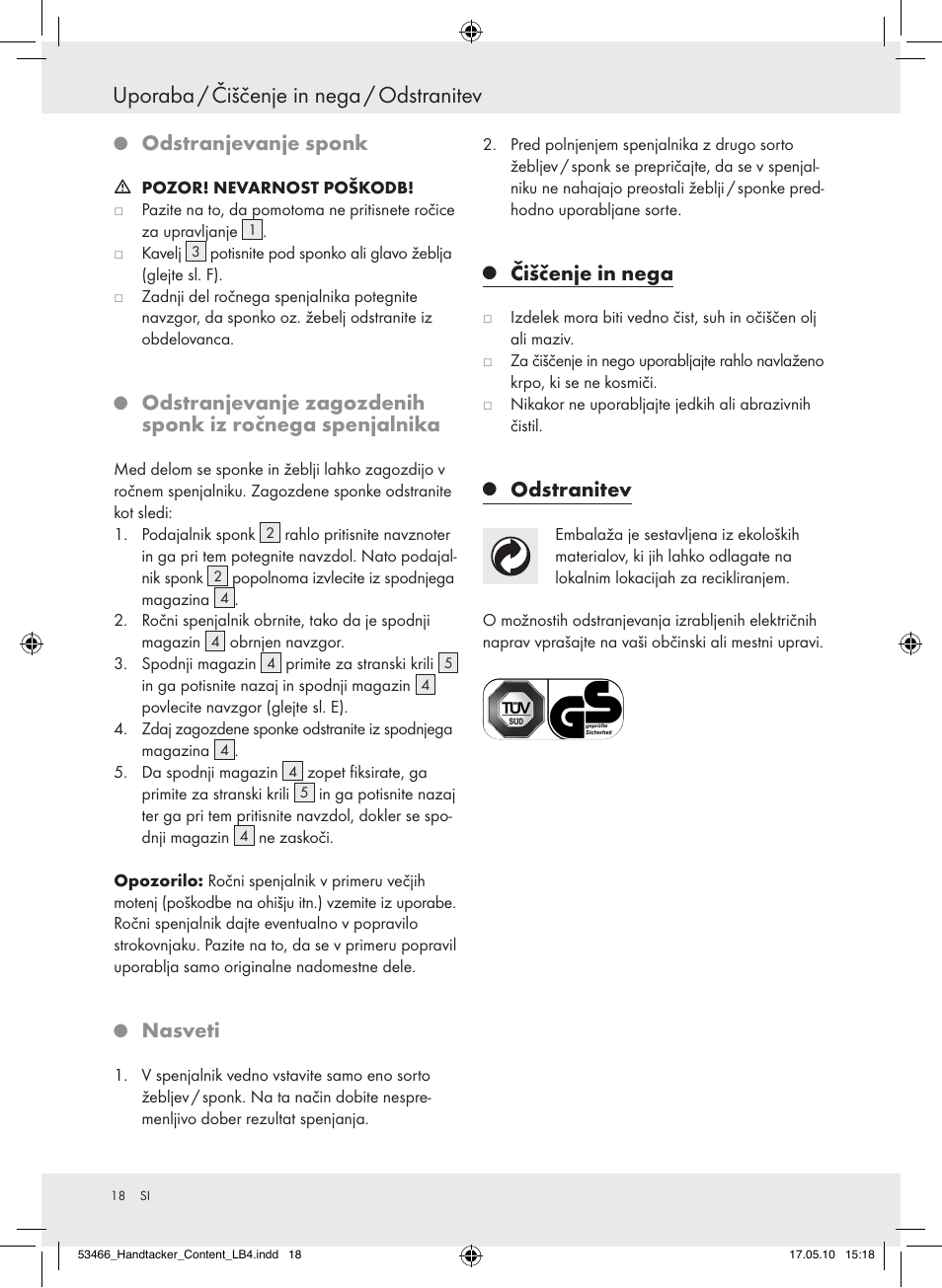 Uporaba / čiščenje in nega / odstranitev, Odstranjevanjesponk, Nasveti | Čiščenjeinnega, Odstranitev | Powerfix  Z16531 User Manual | Page 18 / 27