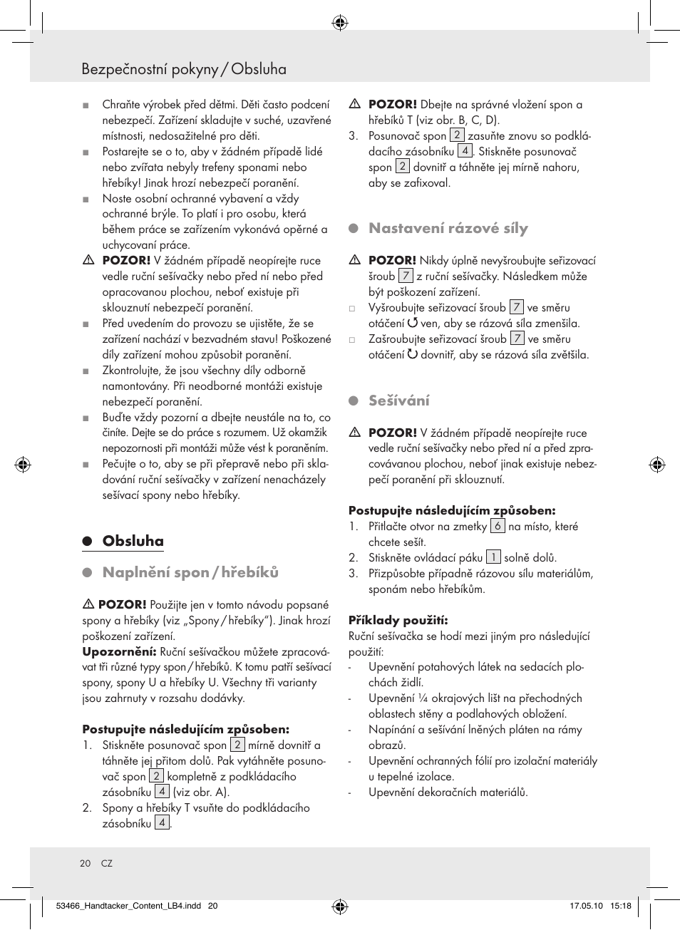 Bezpečnostní pokyny / obsluha, Obsluha, Naplněníspon/hřebíků | Nastavenírázovésíly, Sešívání | Powerfix  Z16531 User Manual | Page 20 / 27