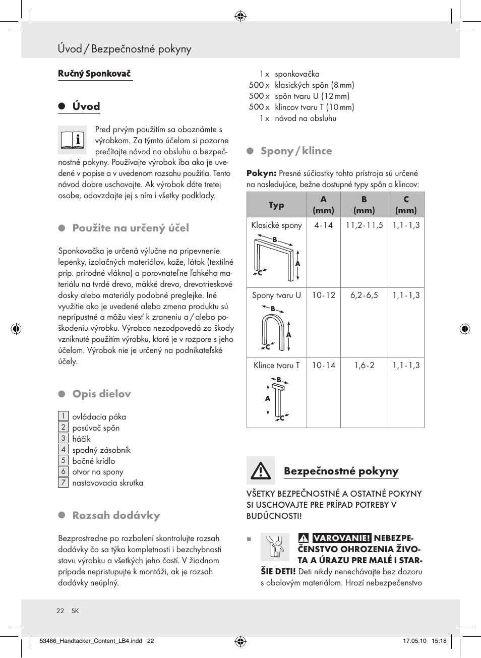 Úvod / bezpečnostné pokyny, Úvod, Použitenaurčenýúčel | Opisdielov, Rozsahdodávky, Spony/klince, Bezpečnostnépokyny | Powerfix  Z16531 User Manual | Page 22 / 27