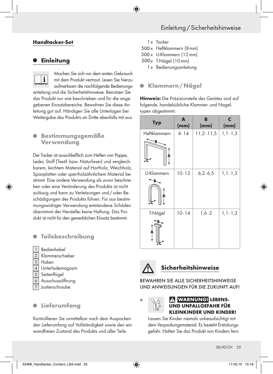 Einleitung / sicherheitshinweise, Einleitung, Bestimmungsgemäße verwendung | Teilebeschreibung, Lieferumfang, Klammern/nägel, Sicherheitshinweise | Powerfix  Z16531 User Manual | Page 25 / 27
