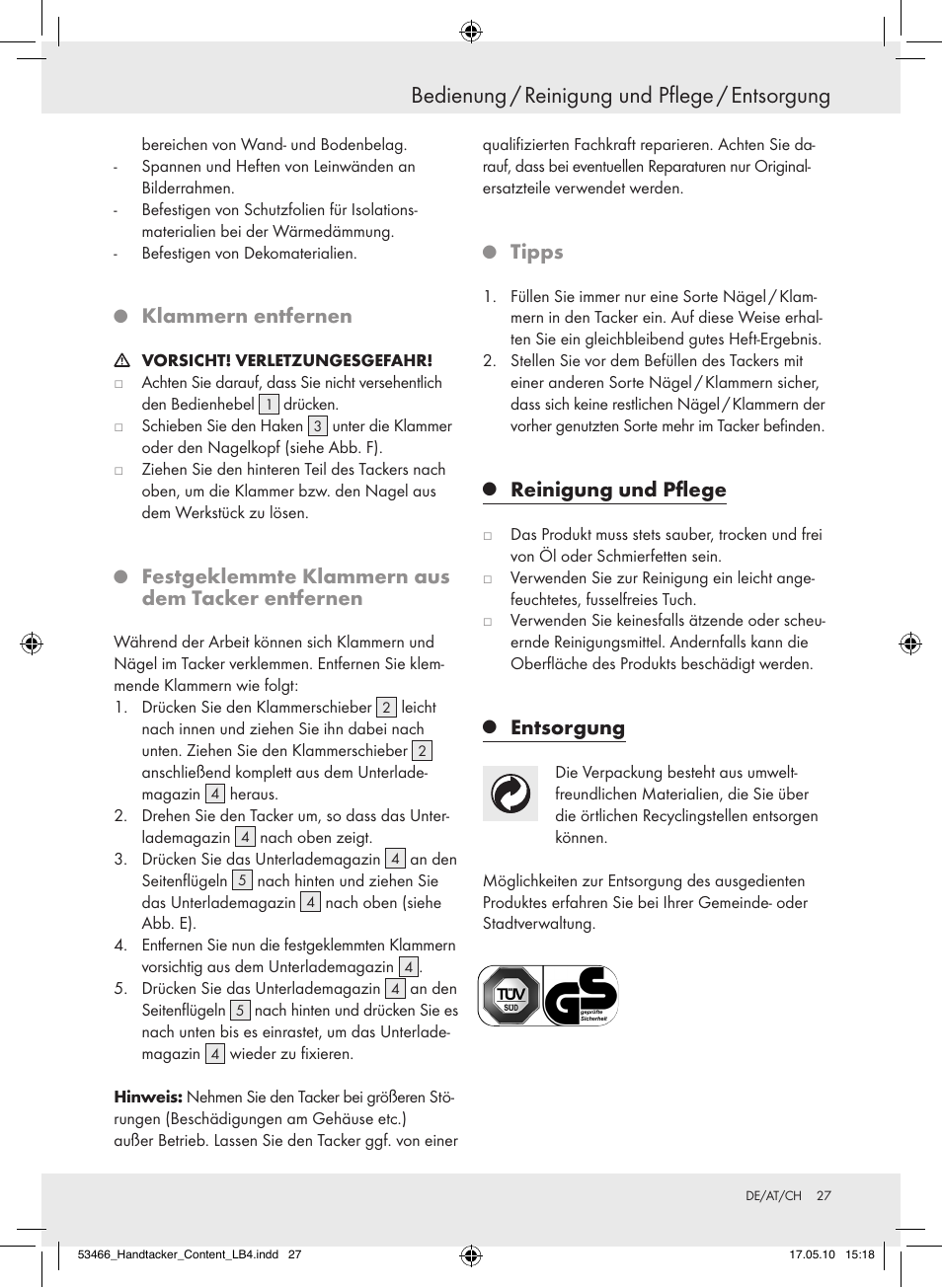 Bedienung / reinigung und pflege / entsorgung, Klammernentfernen, Festgeklemmteklammernaus demtackerentfernen | Tipps, Reinigungundpflege, Entsorgung | Powerfix  Z16531 User Manual | Page 27 / 27