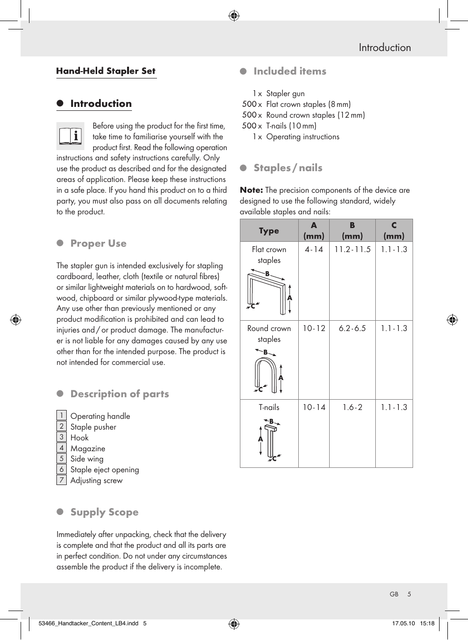 Introduction, Properuse, Descriptionofparts | Supplyscope, Includeditems, Staples/nails | Powerfix  Z16531 User Manual | Page 5 / 27
