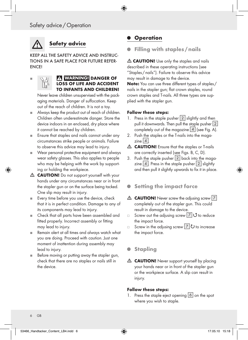 Safety advice / operation, Safetyadvice, Operation | Fillingwithstaples/nails, Settingtheimpactforce, Stapling | Powerfix  Z16531 User Manual | Page 6 / 27