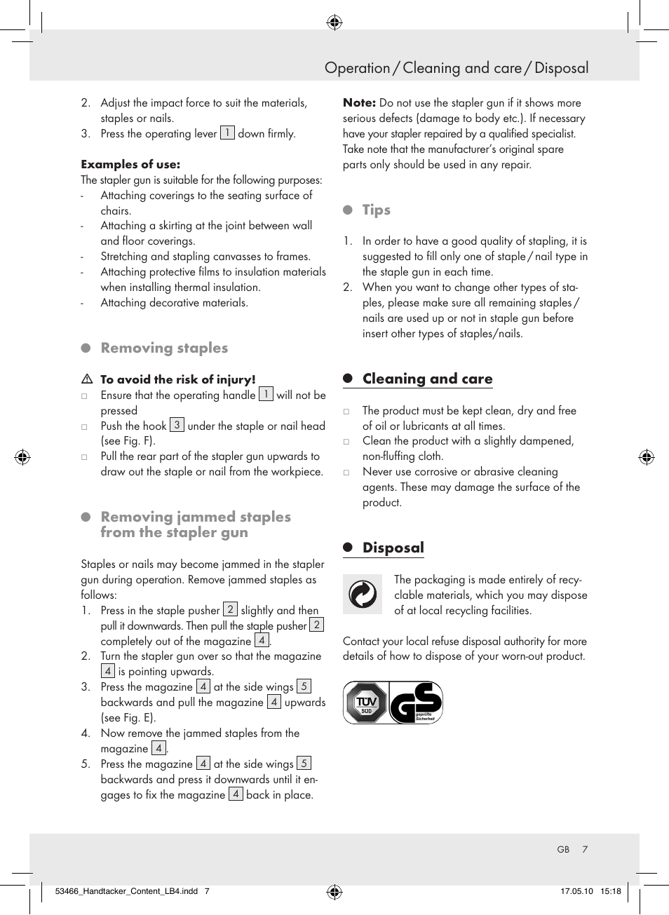 Operation / cleaning and care / disposal, Removingstaples, Removingjammedstaples fromthestaplergun | Tips, Cleaningandcare, Disposal | Powerfix  Z16531 User Manual | Page 7 / 27