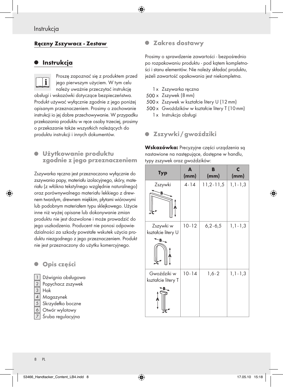 Instrukcja, Opisczęści, Zakresdostawy | Zszywki/gwoździki | Powerfix  Z16531 User Manual | Page 8 / 27