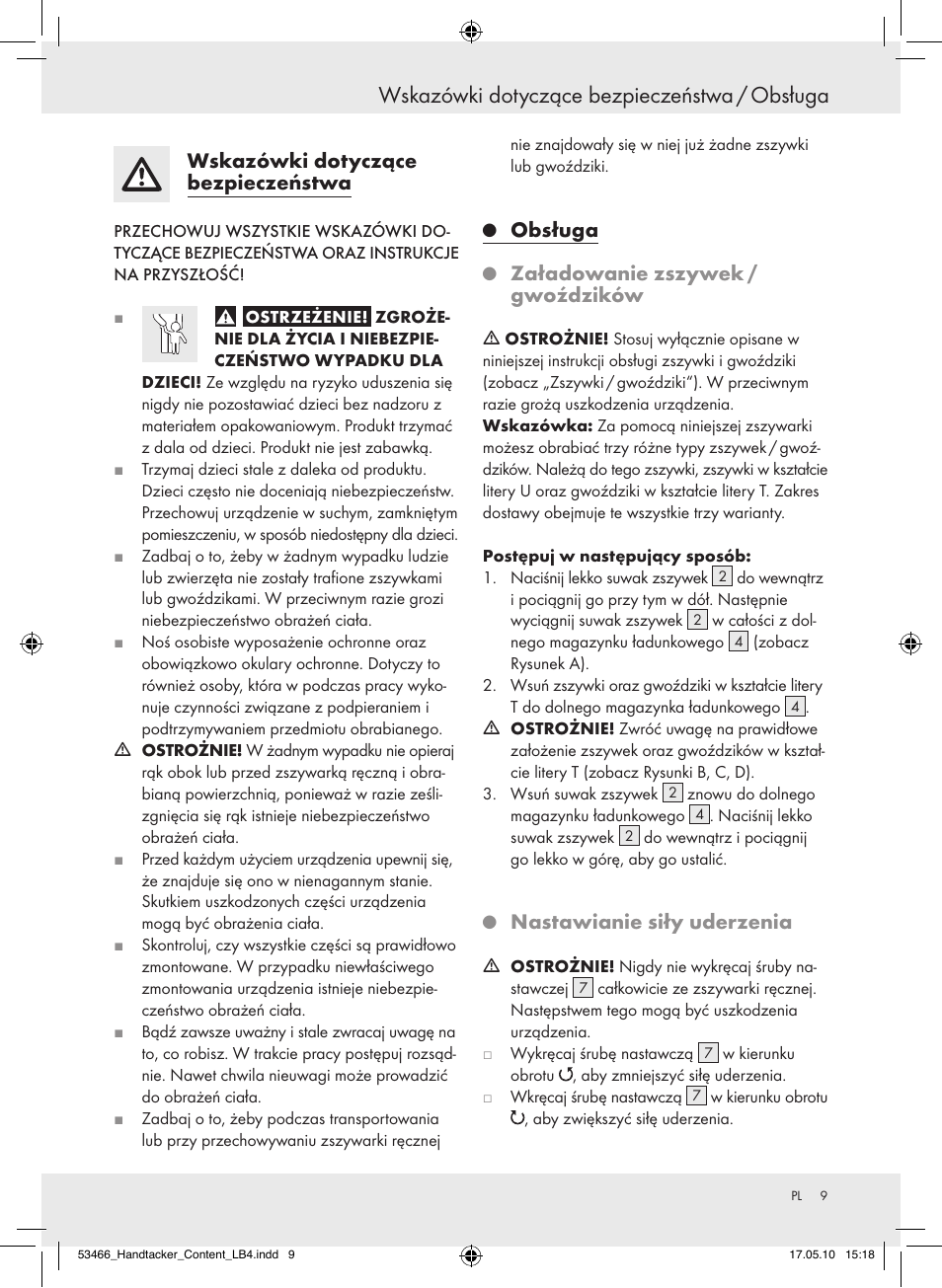 Wskazówki dotyczące bezpieczeństwa / obsługa, Wskazówkidotyczące bezpieczeństwa, Obsługa | Załadowaniezszywek/ gwoździków, Nastawianiesiłyuderzenia | Powerfix  Z16531 User Manual | Page 9 / 27