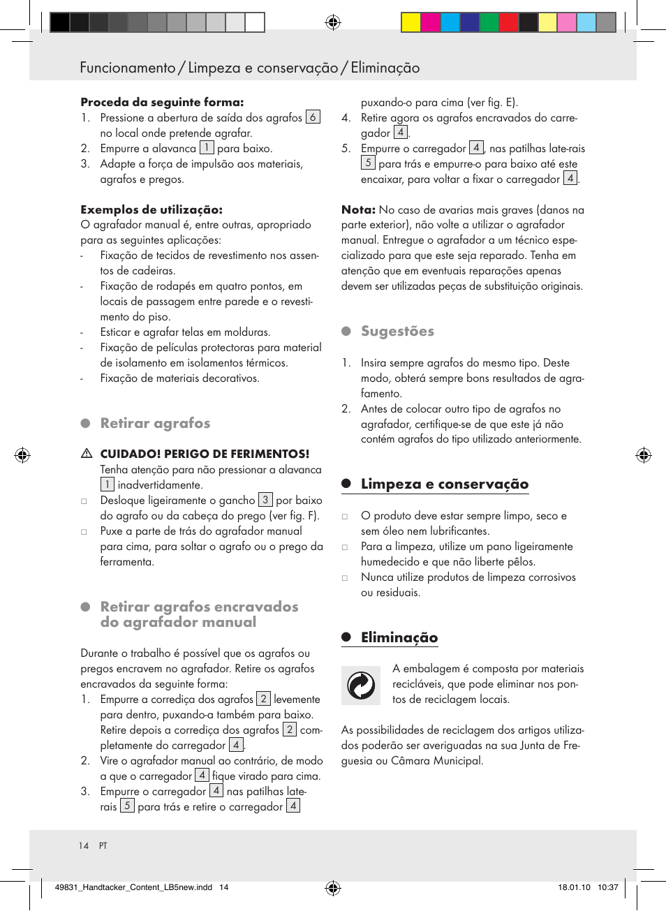 Funcionamento / limpeza e conservação / eliminação, Retiraragrafos, Retiraragrafosencravados doagrafadormanual | Sugestões, Limpezaeconservação, Eliminação | Powerfix  Z16531 User Manual | Page 14 / 21