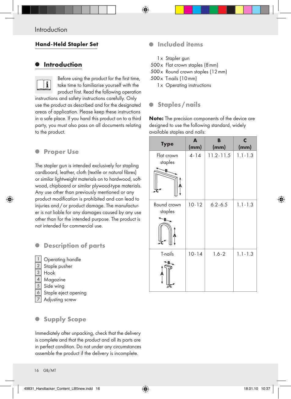 Introduction, Properuse, Descriptionofparts | Supplyscope, Includeditems, Staples/nails | Powerfix  Z16531 User Manual | Page 16 / 21