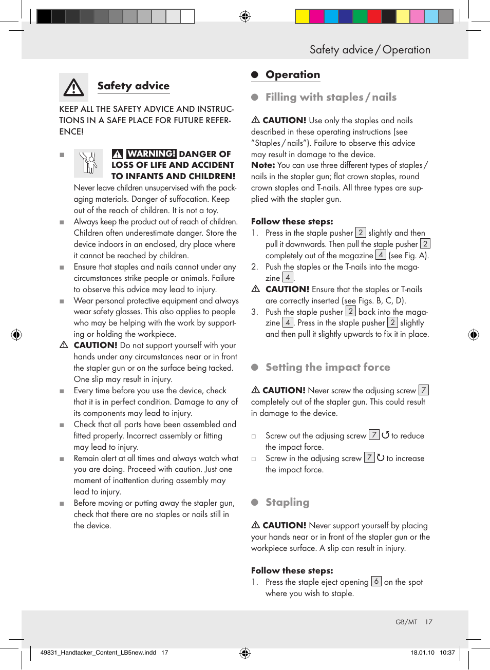 Safety advice / operation, Safetyadvice, Operation | Fillingwithstaples/nails, Settingtheimpactforce, Stapling | Powerfix  Z16531 User Manual | Page 17 / 21