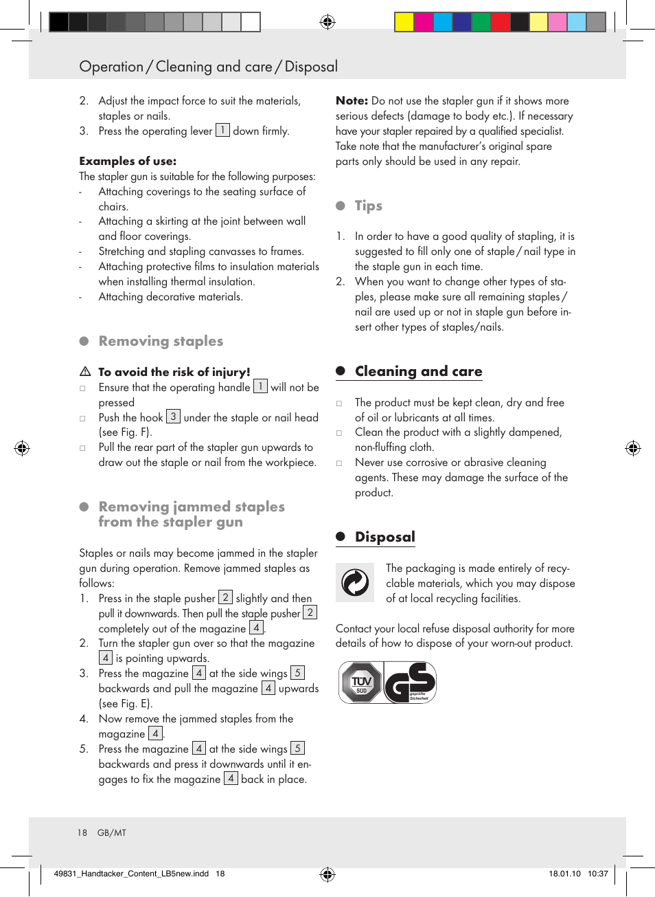 Operation / cleaning and care / disposal, Removingstaples, Removingjammedstaples fromthestaplergun | Tips, Cleaningandcare, Disposal | Powerfix  Z16531 User Manual | Page 18 / 21