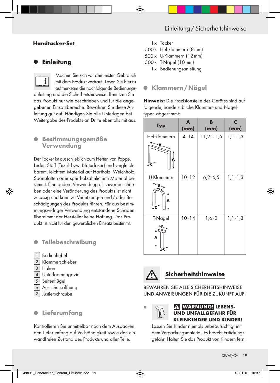 Einleitung / sicherheitshinweise, Einleitung, Bestimmungsgemäße verwendung | Teilebeschreibung, Lieferumfang, Klammern/nägel, Sicherheitshinweise | Powerfix  Z16531 User Manual | Page 19 / 21