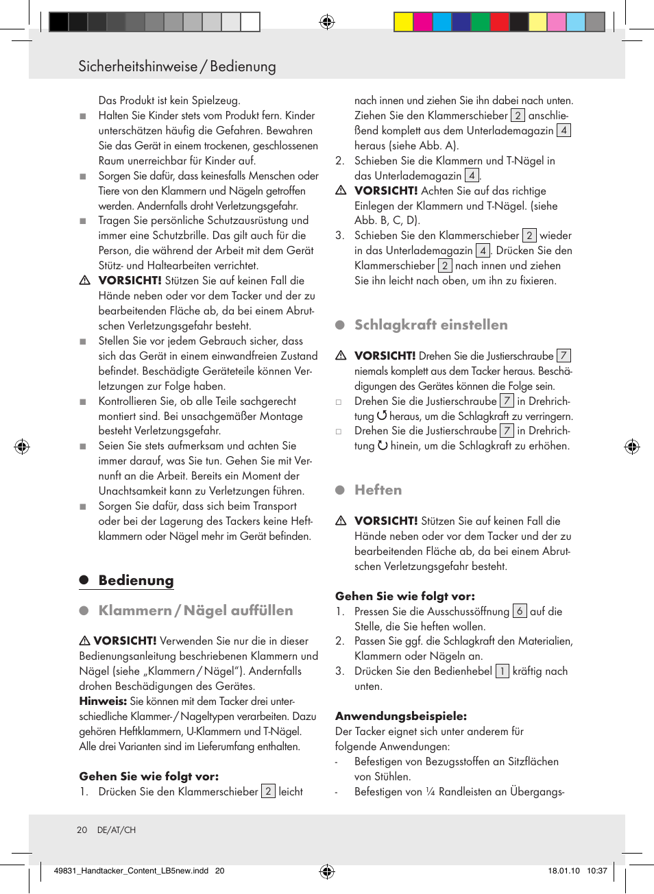 Sicherheitshinweise / bedienung, Bedienung, Klammern/nägelauffüllen | Schlagkrafteinstellen, Heften | Powerfix  Z16531 User Manual | Page 20 / 21