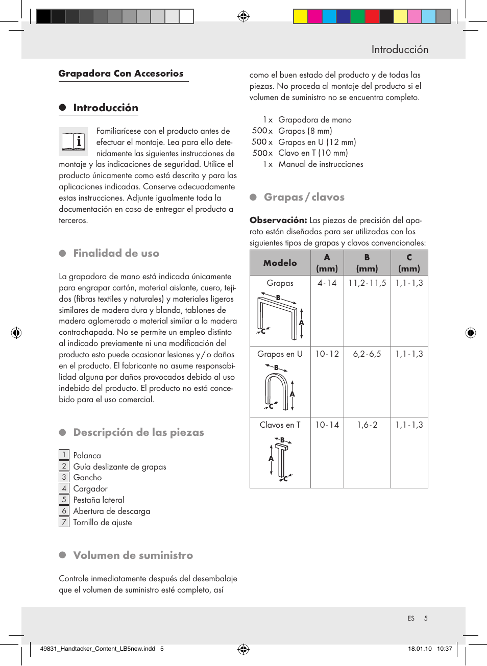 Introducción, Finalidaddeuso, Descripcióndelaspiezas | Volumendesuministro, Grapas/clavos | Powerfix  Z16531 User Manual | Page 5 / 21