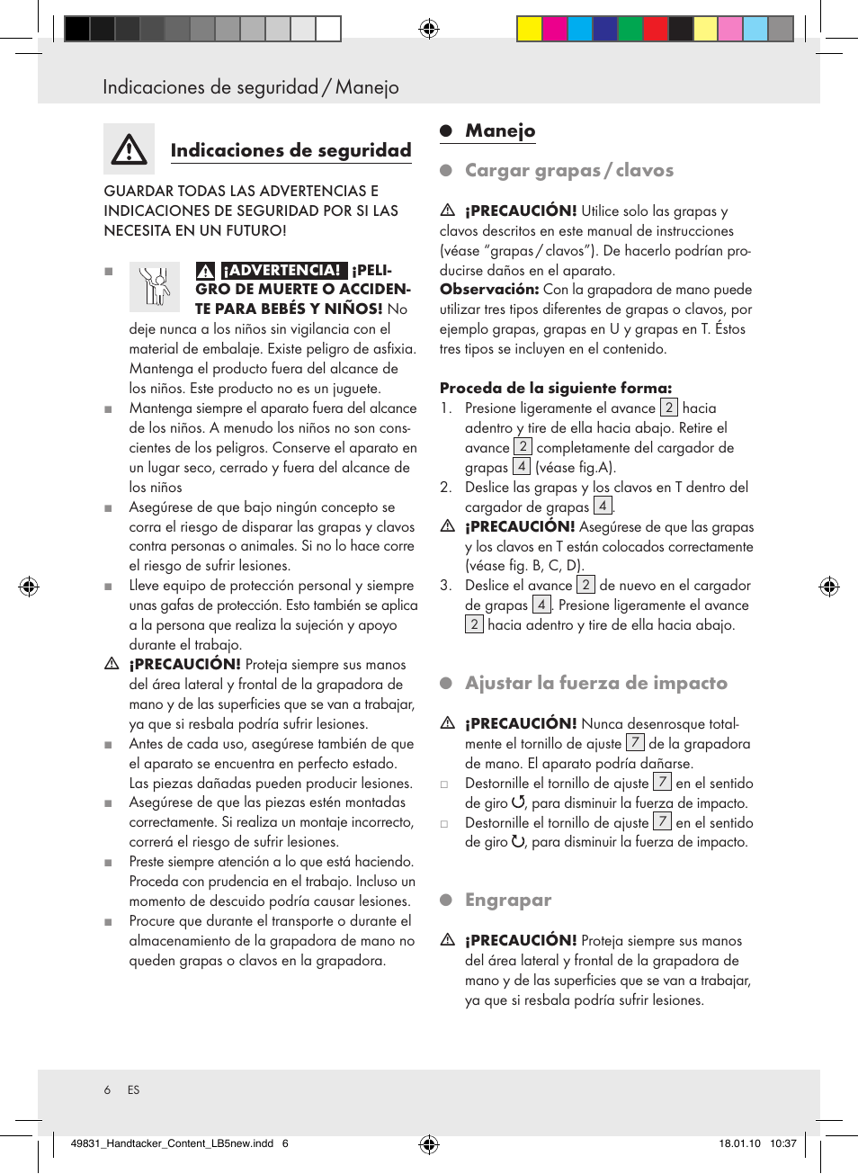 Indicaciones de seguridad / manejo, Indicacionesdeseguridad, Manejo | Cargargrapas/clavos, Ajustarlafuerzadeimpacto, Engrapar | Powerfix  Z16531 User Manual | Page 6 / 21