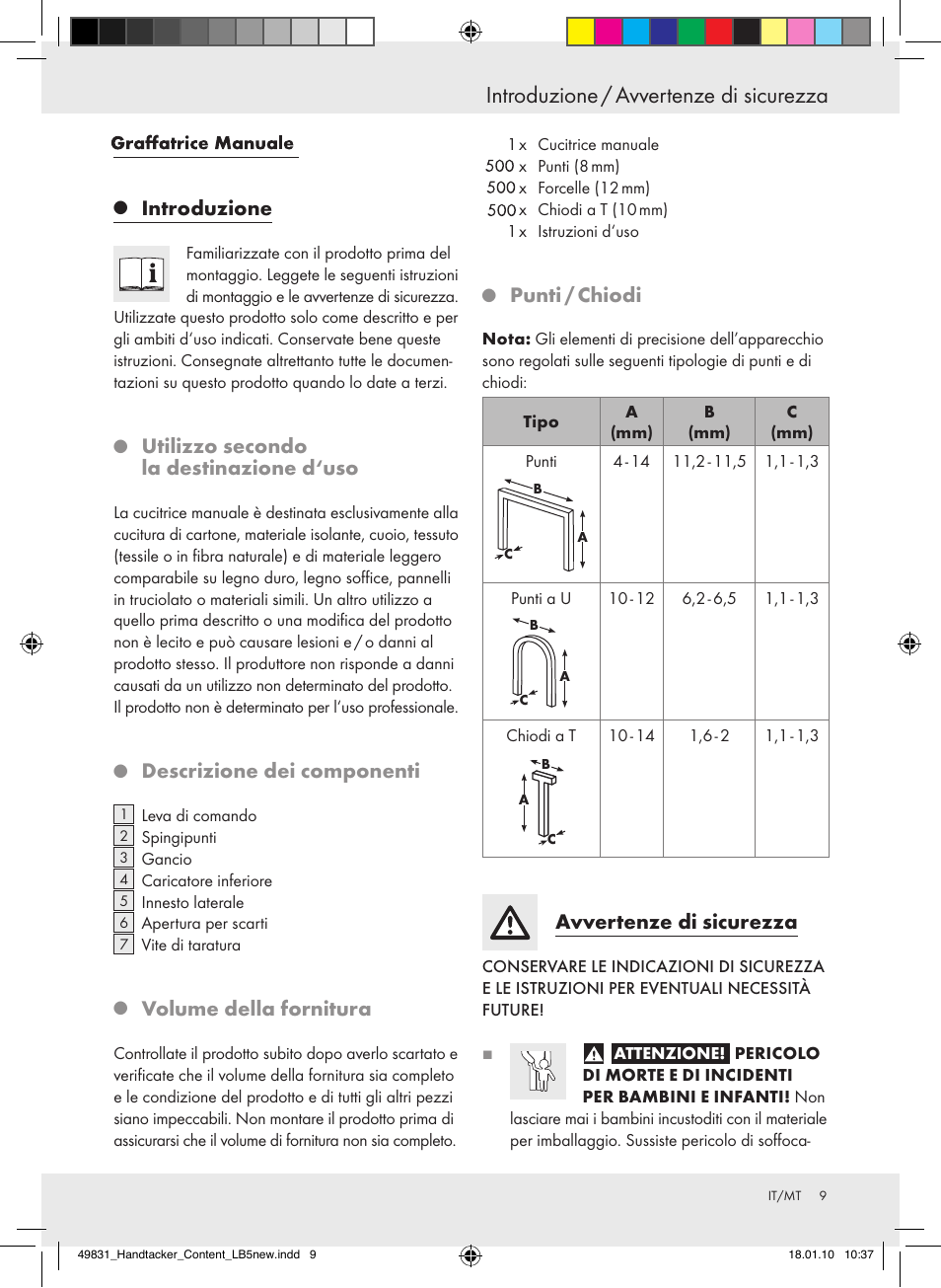 Introduzione / avvertenze di sicurezza, Introduzione, Utilizzosecondo ladestinazioned‘uso | Descrizionedeicomponenti, Volumedellafornitura, Punti/chiodi, Avvertenzedisicurezza | Powerfix  Z16531 User Manual | Page 9 / 21