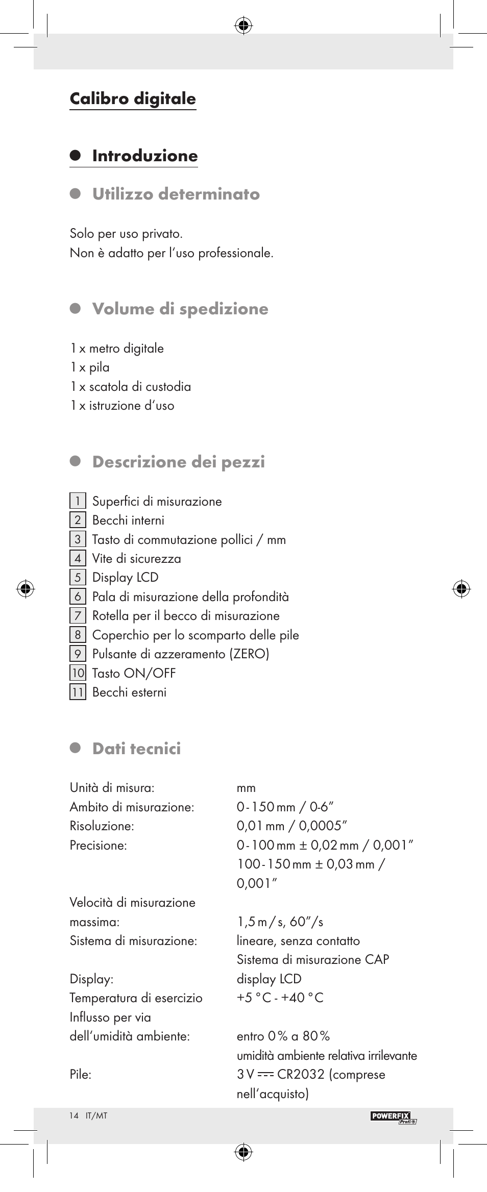 Calibro digitale, Introduzione, Utilizzo determinato | Volume di spedizione, Descrizione dei pezzi, Dati tecnici | Powerfix Z22855 User Manual | Page 16 / 46