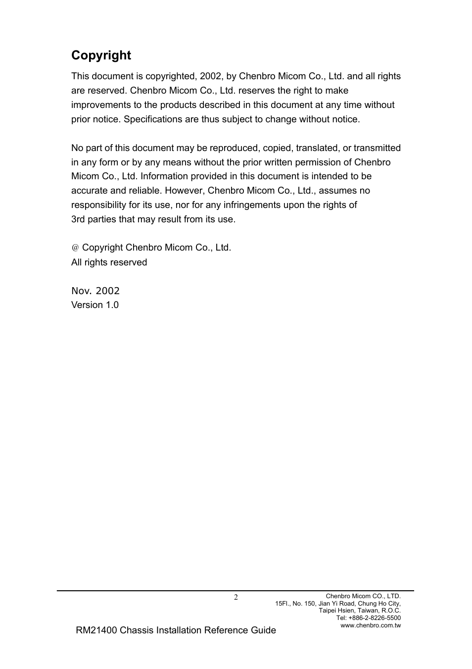 Copyright | Chenbro Chassis RM21400 User Manual | Page 2 / 17