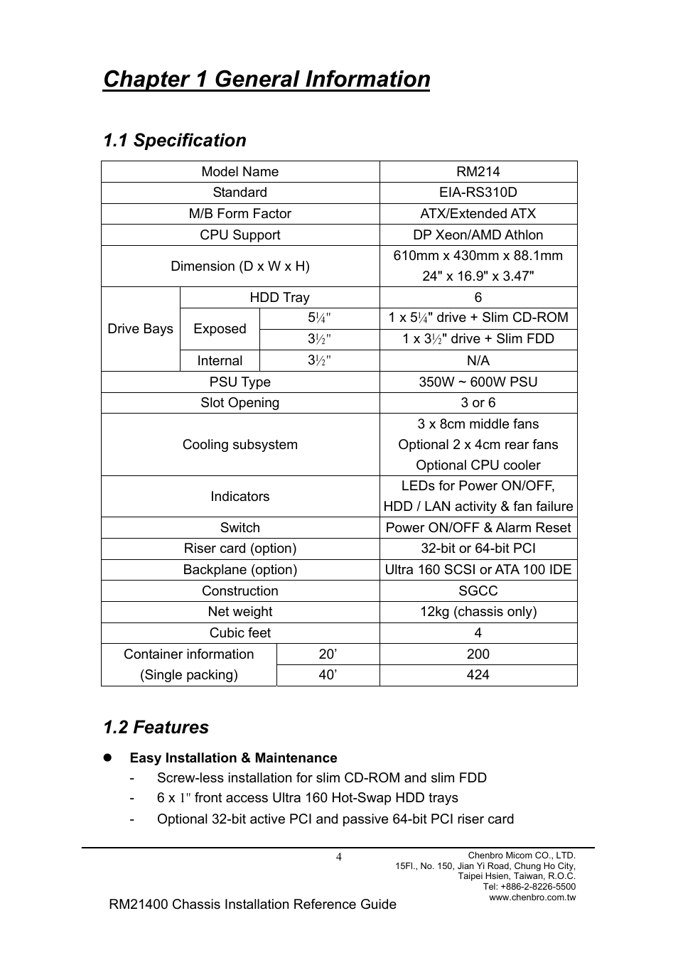 Chapter 1 general information, 1 specification 1.2 features, 1 specification | 2 features | Chenbro Chassis RM21400 User Manual | Page 4 / 17