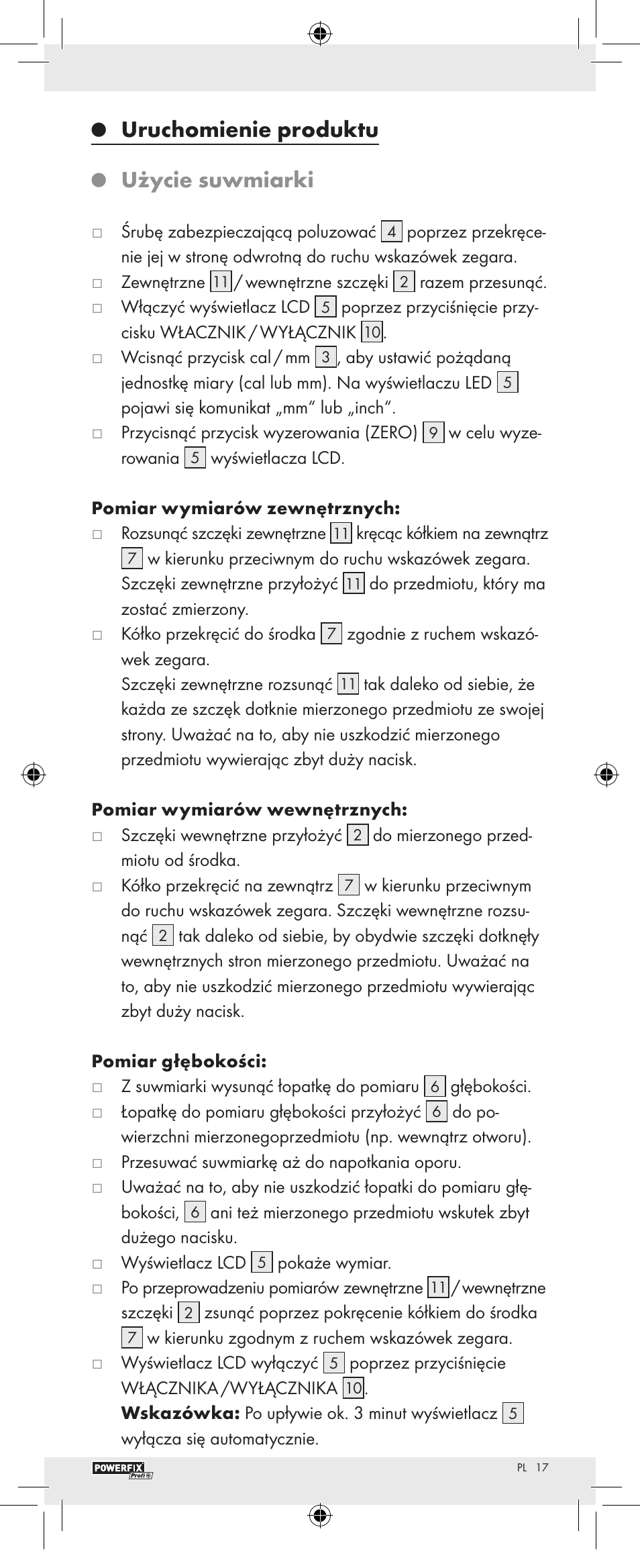 Uruchomienie produktu, Użycie suwmiarki | Powerfix Z22855 User Manual | Page 19 / 62