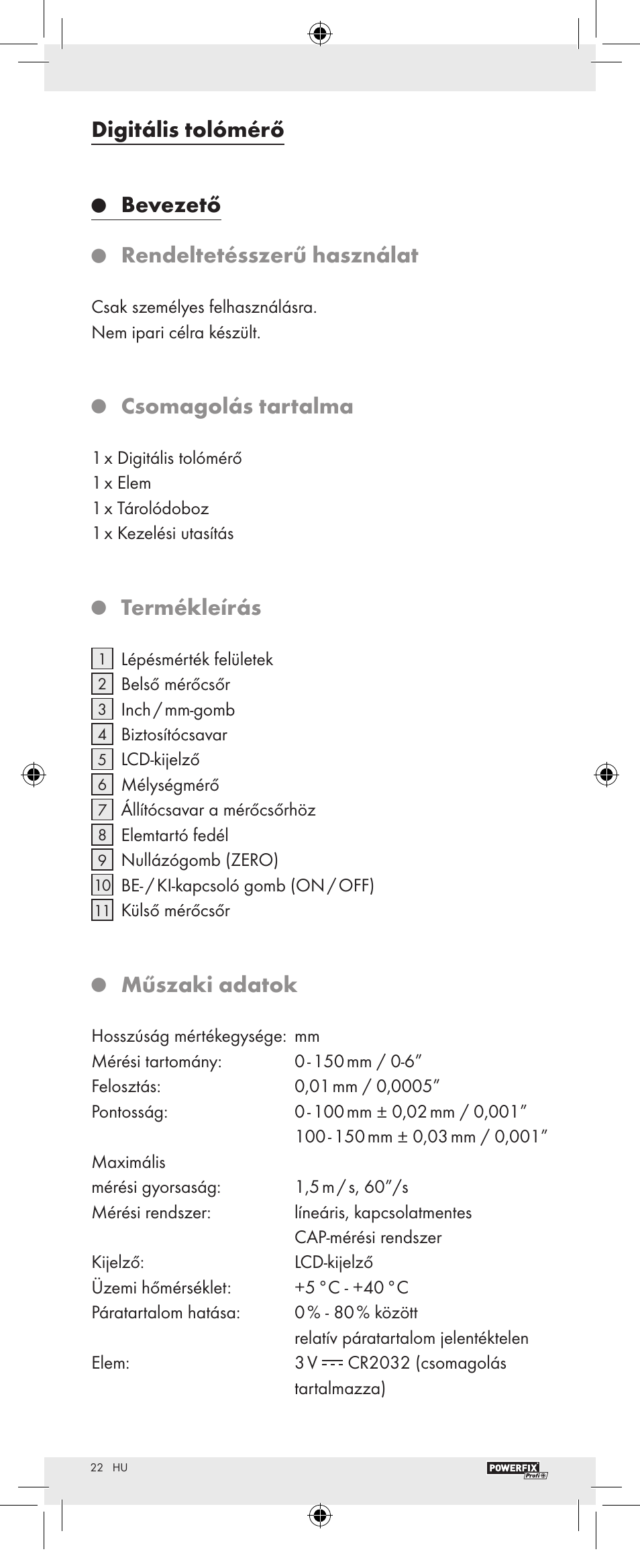 Digitális tolómérő, Bevezető, Rendeltetésszerű használat | Csomagolás tartalma, Termékleírás, Műszaki adatok | Powerfix Z22855 User Manual | Page 24 / 62