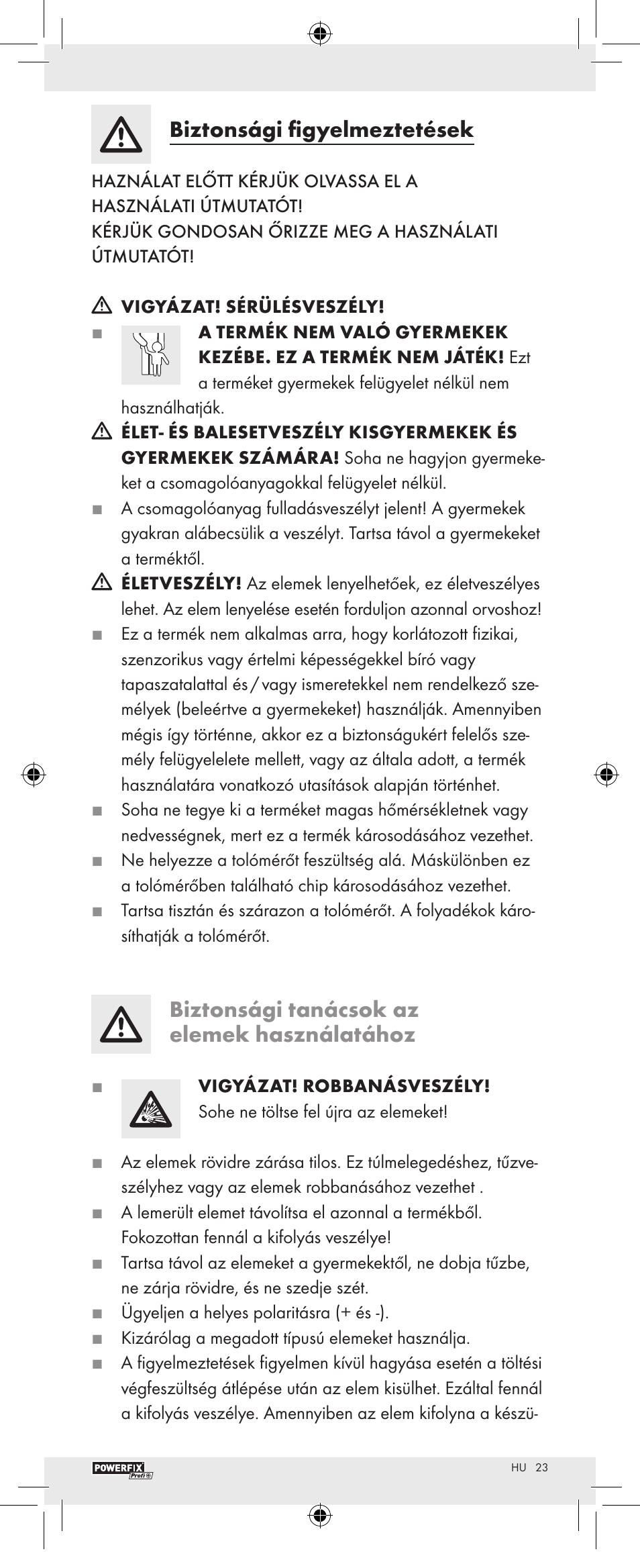 Biztonsági figyelmeztetések, Biztonsági tanácsok az elemek használatához | Powerfix Z22855 User Manual | Page 25 / 62