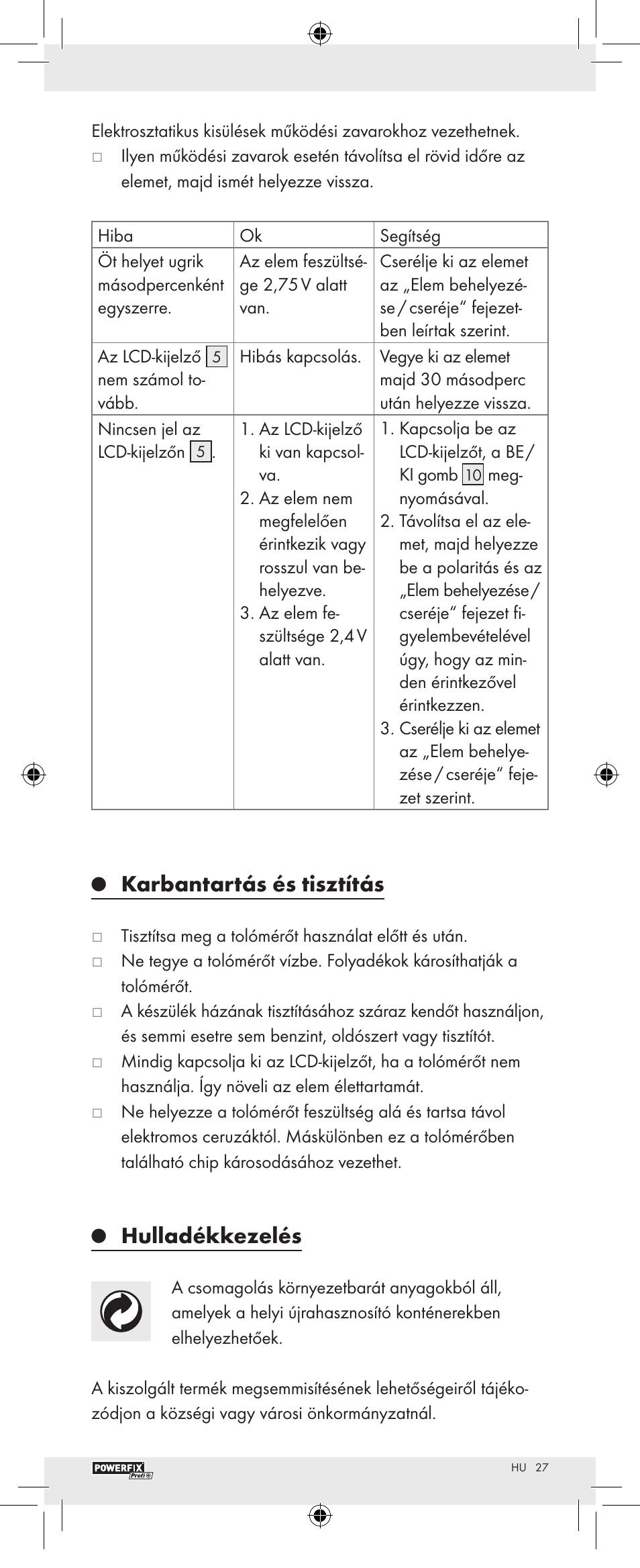 Karbantartás és tisztítás, Hulladékkezelés | Powerfix Z22855 User Manual | Page 29 / 62