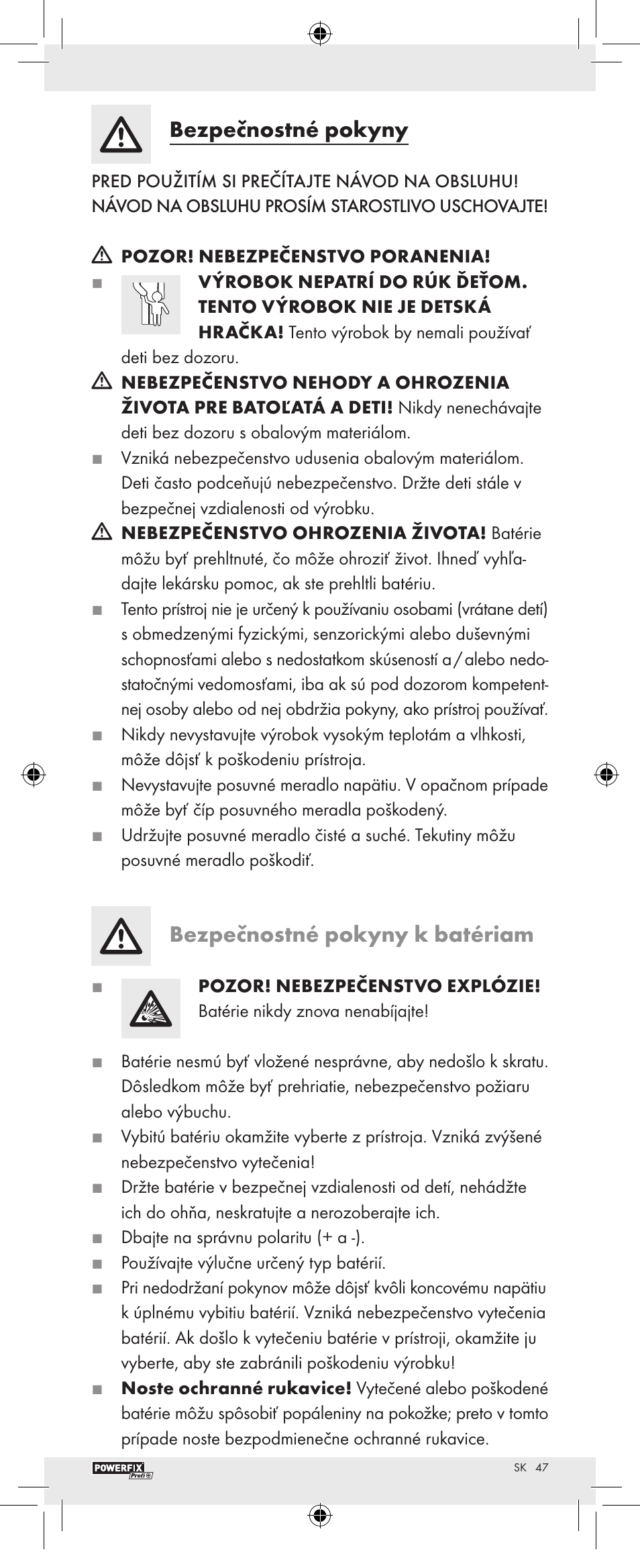 Bezpečnostné pokyny, Bezpečnostné pokyny k batériam | Powerfix Z22855 User Manual | Page 49 / 62