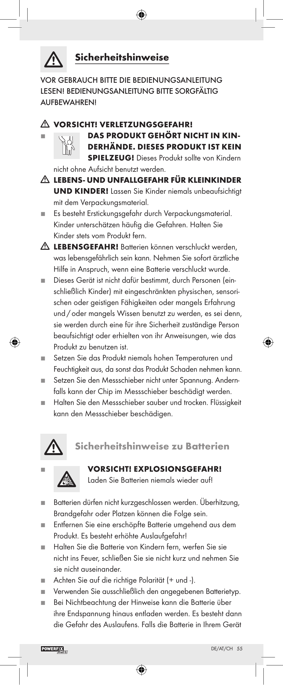 Sicherheitshinweise, Sicherheitshinweise zu batterien | Powerfix Z22855 User Manual | Page 57 / 62