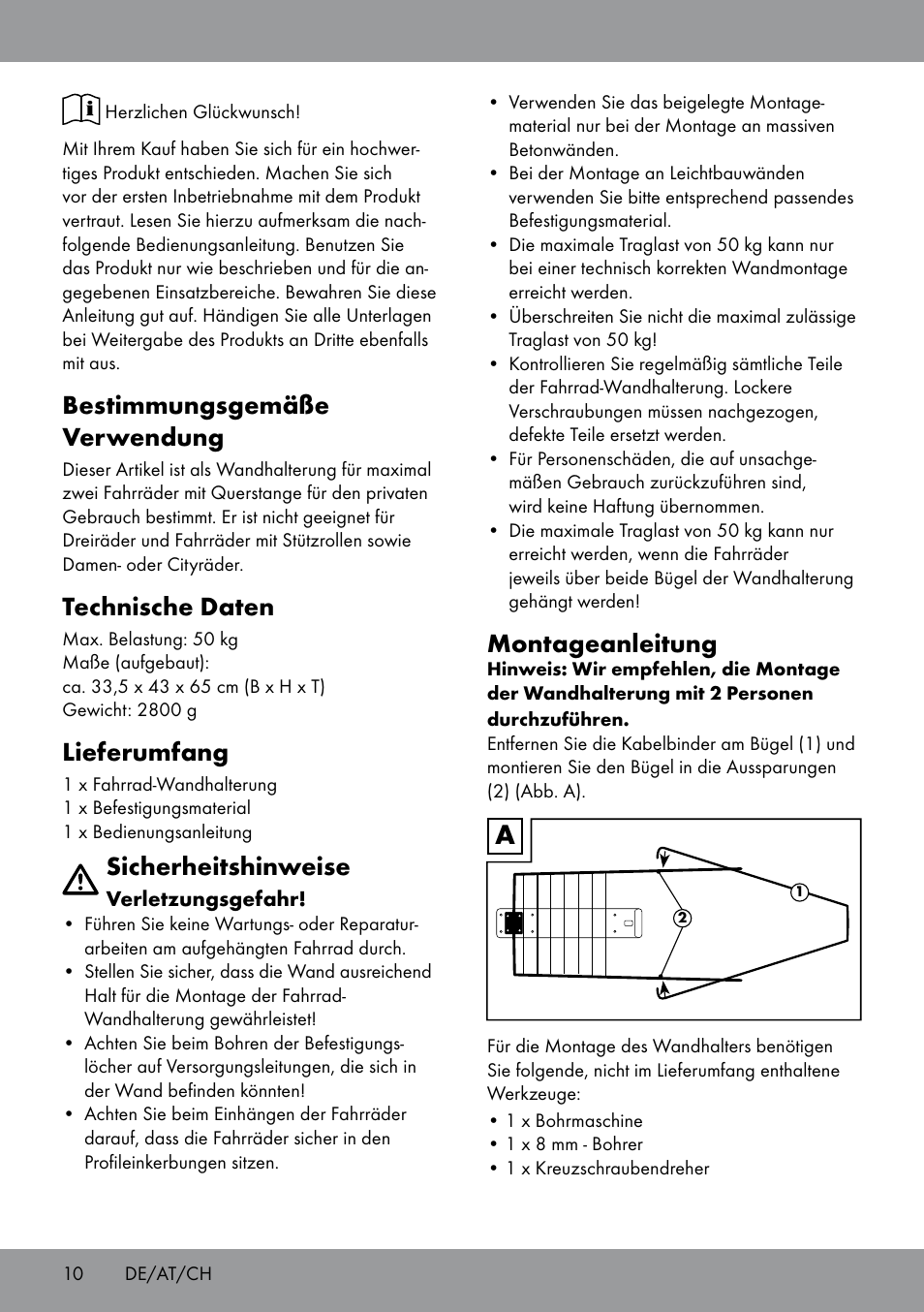 Bestimmungsgemäße verwendung, Technische daten, Lieferumfang | Sicherheitshinweise, Montageanleitung | Powerfix Bicycle Wall Bracket User Manual | Page 10 / 12