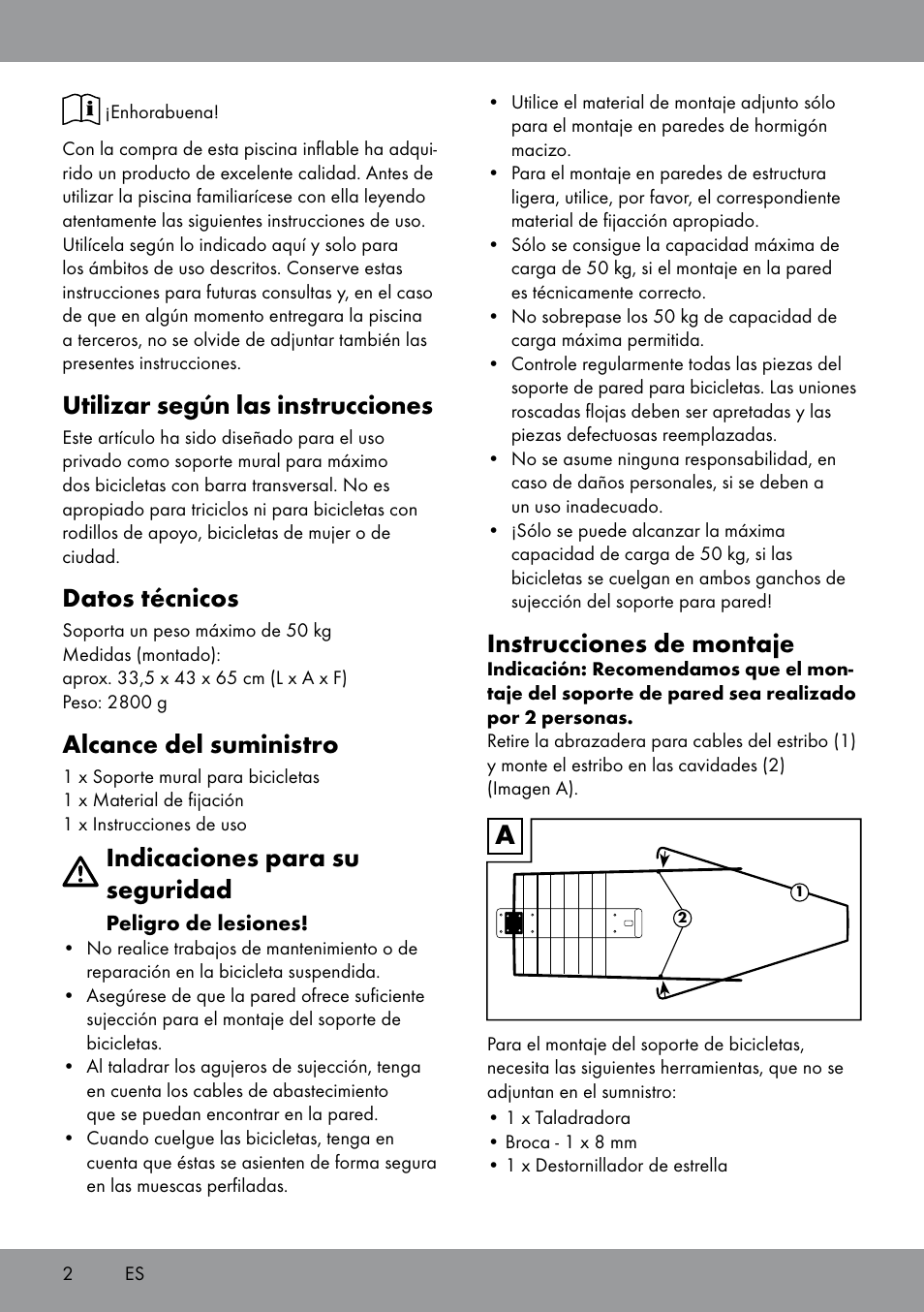 Utilizar según las instrucciones, Datos técnicos, Alcance del suministro | Indicaciones para su seguridad, Instrucciones de montaje | Powerfix Bicycle Wall Bracket User Manual | Page 2 / 12