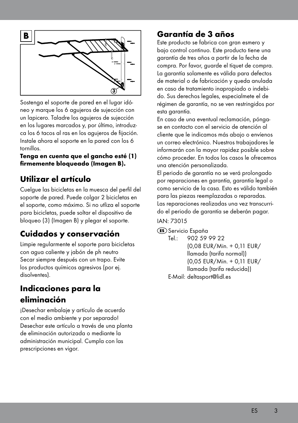 Utilizar el artículo, Cuidados y conservación, Indicaciones para la eliminación | Garantía de 3 años | Powerfix Bicycle Wall Bracket User Manual | Page 3 / 12