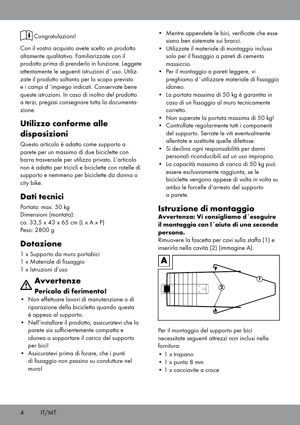 Utilizzo conforme alle disposizioni, Dati tecnici, Dotazione | Avvertenze, Istruzione di montaggio | Powerfix Bicycle Wall Bracket User Manual | Page 4 / 12