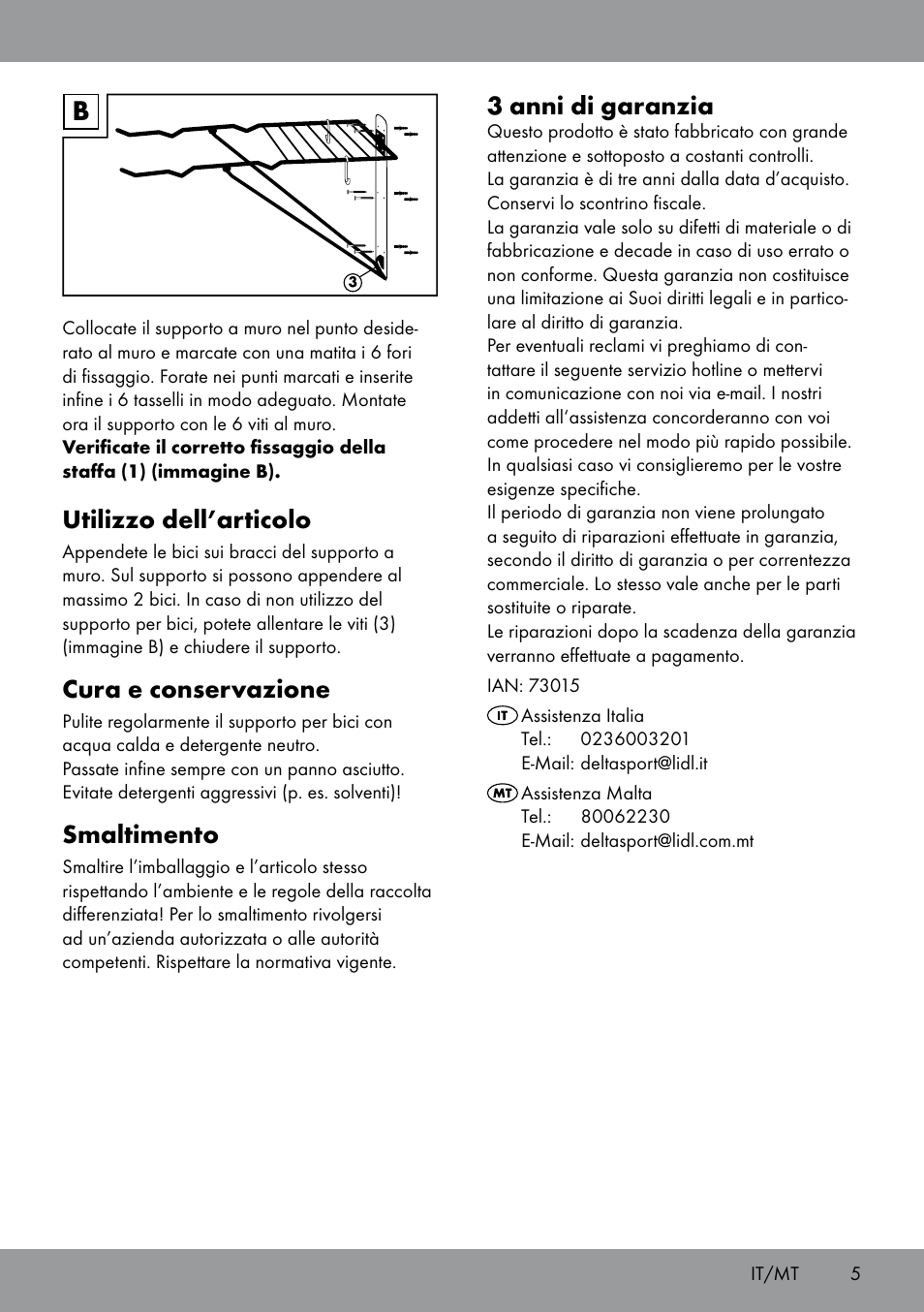 Utilizzo dell’articolo, Cura e conservazione, Smaltimento | 3 anni di garanzia | Powerfix Bicycle Wall Bracket User Manual | Page 5 / 12