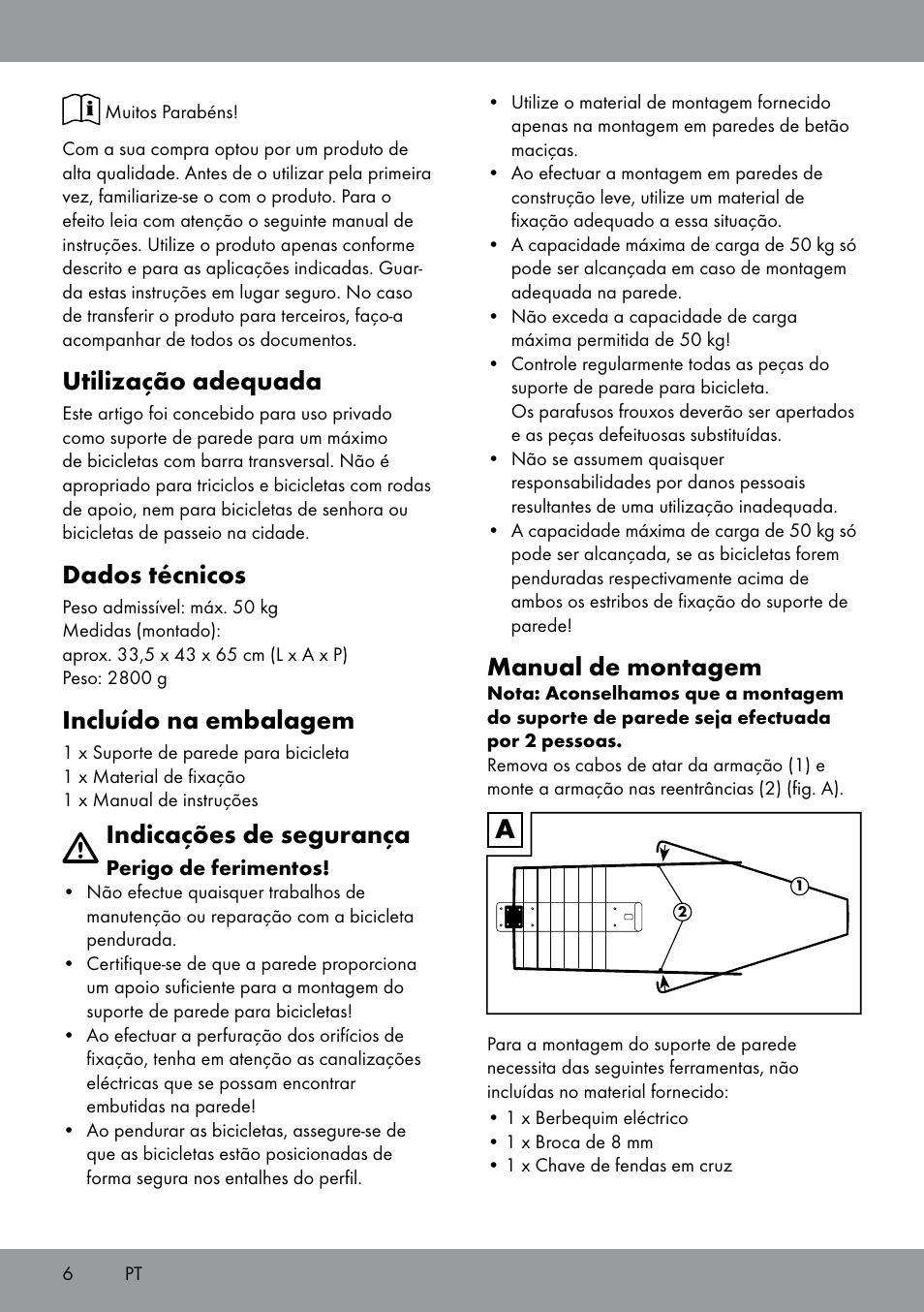 Utilização adequada, Dados técnicos, Incluído na embalagem | Indicações de segurança, Manual de montagem | Powerfix Bicycle Wall Bracket User Manual | Page 6 / 12
