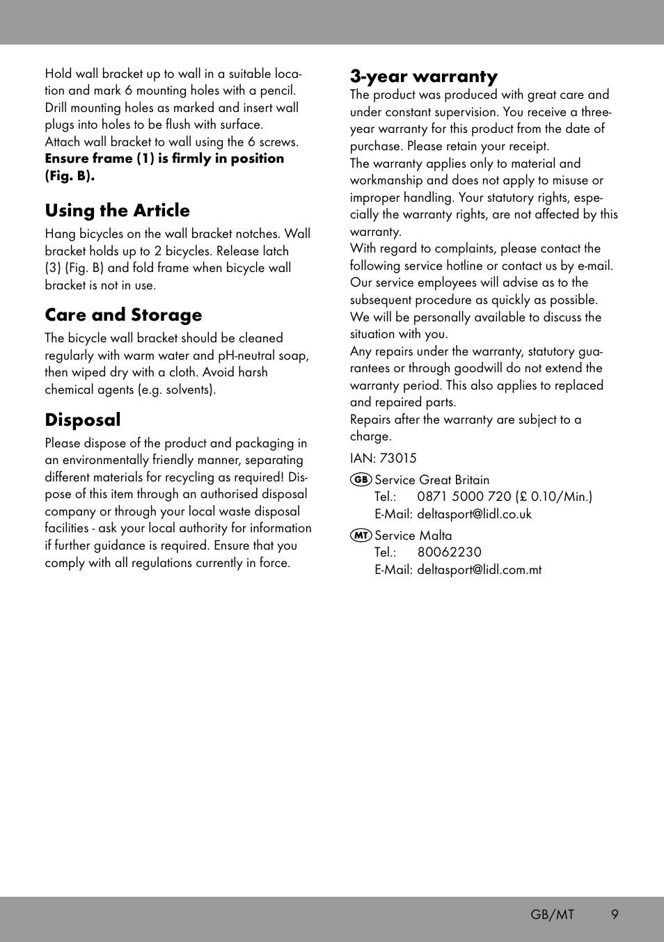 Year warranty, Using the article, Care and storage | Disposal | Powerfix Bicycle Wall Bracket User Manual | Page 9 / 12