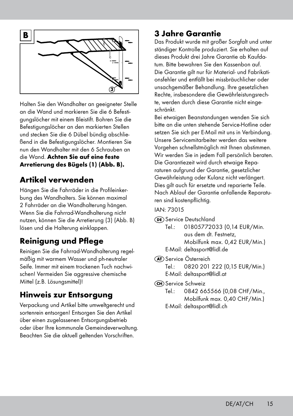 3 jahre garantie, Artikel verwenden, Reinigung und pflege | Hinweis zur entsorgung | Powerfix Bicycle Wall Bracket User Manual | Page 15 / 16