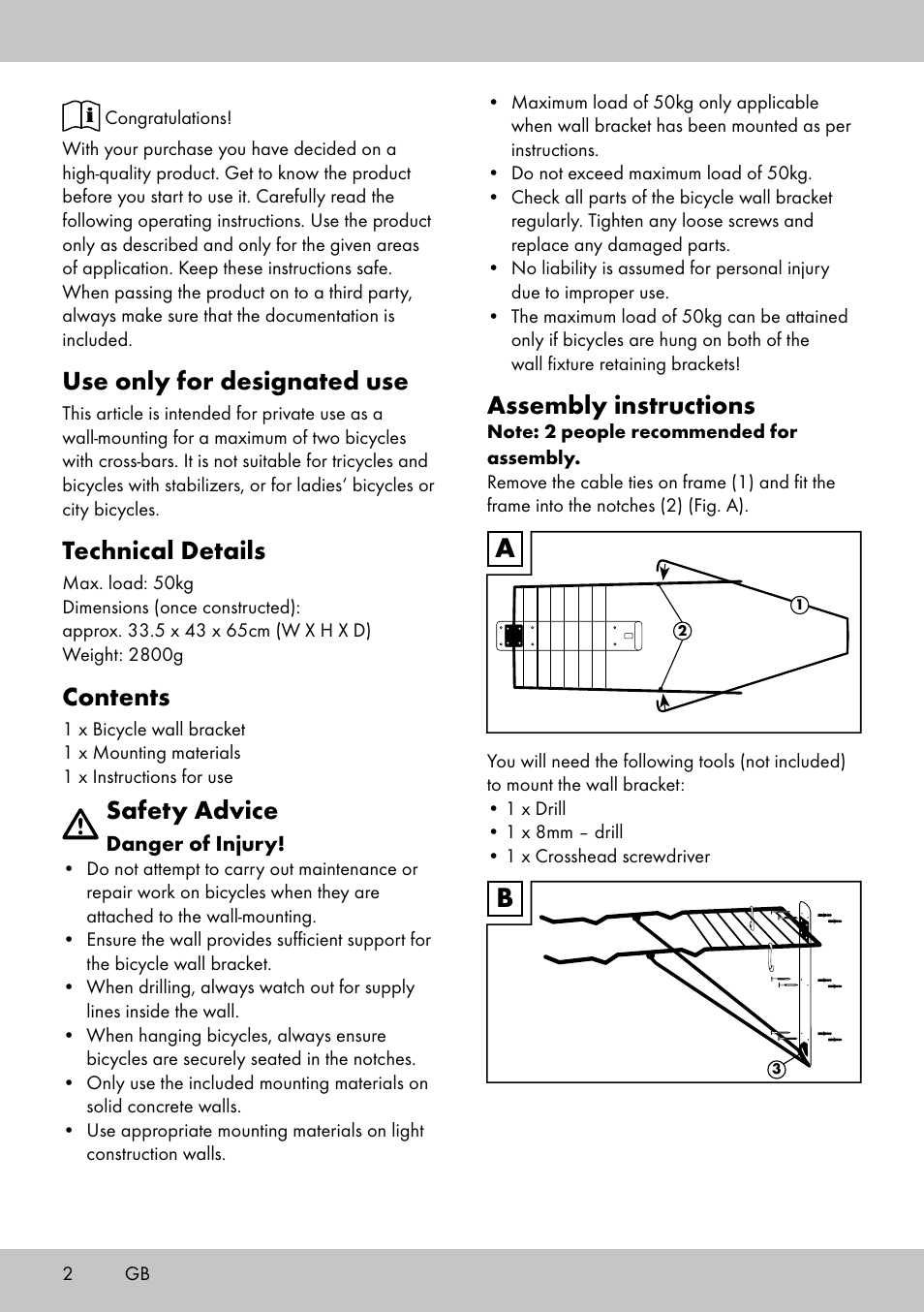 Powerfix Bicycle Wall Bracket User Manual | Page 2 / 16
