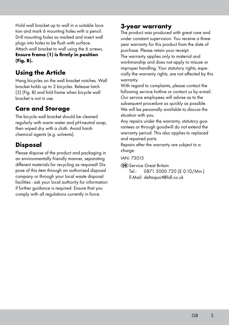 Year warranty, Using the article, Care and storage | Disposal | Powerfix Bicycle Wall Bracket User Manual | Page 3 / 16